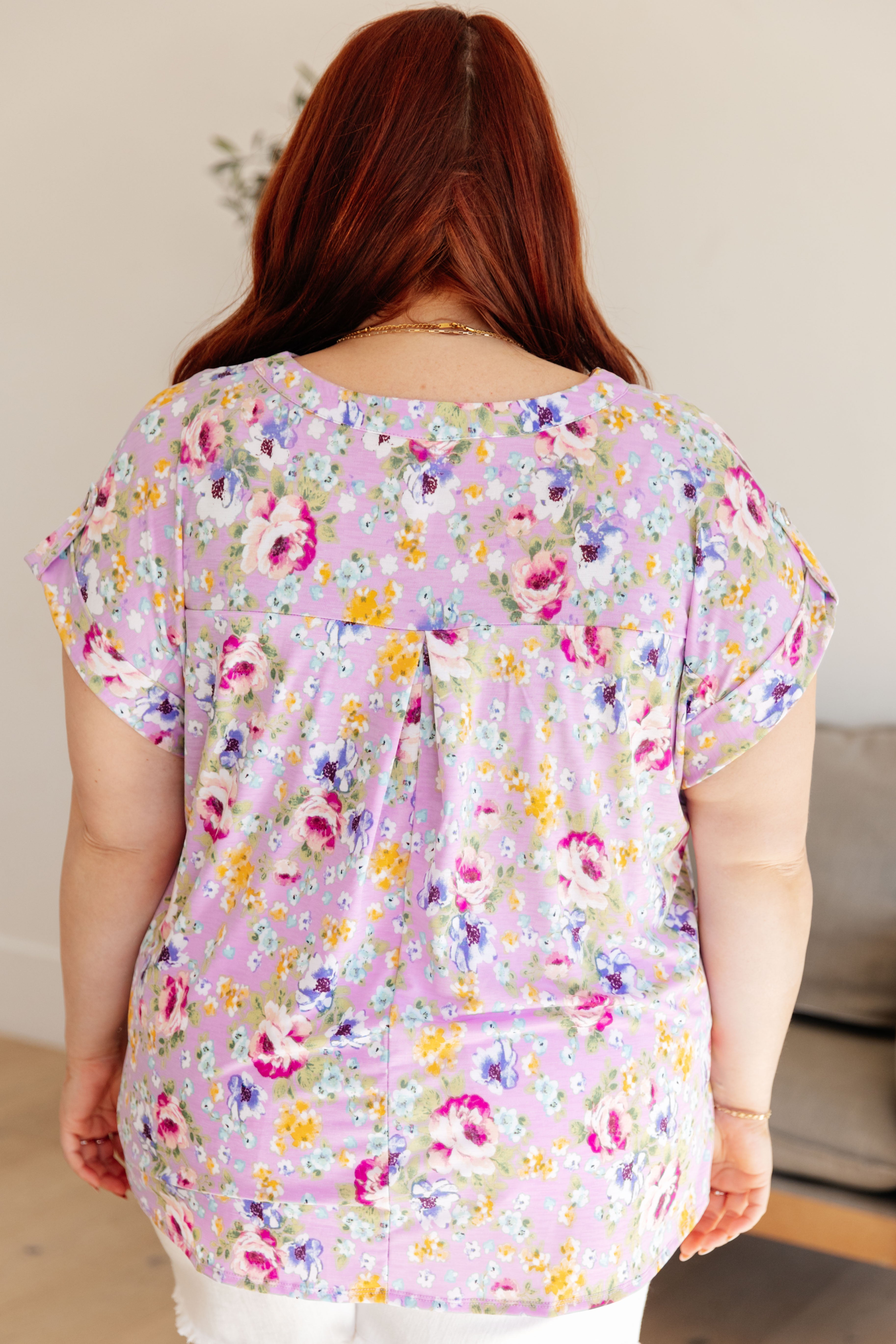Lizzy Cap Sleeve Top - Floral Print Women's Blouse in Lavender & Magenta | Perfect for Spring Outfits, Date Nights & Office Wear