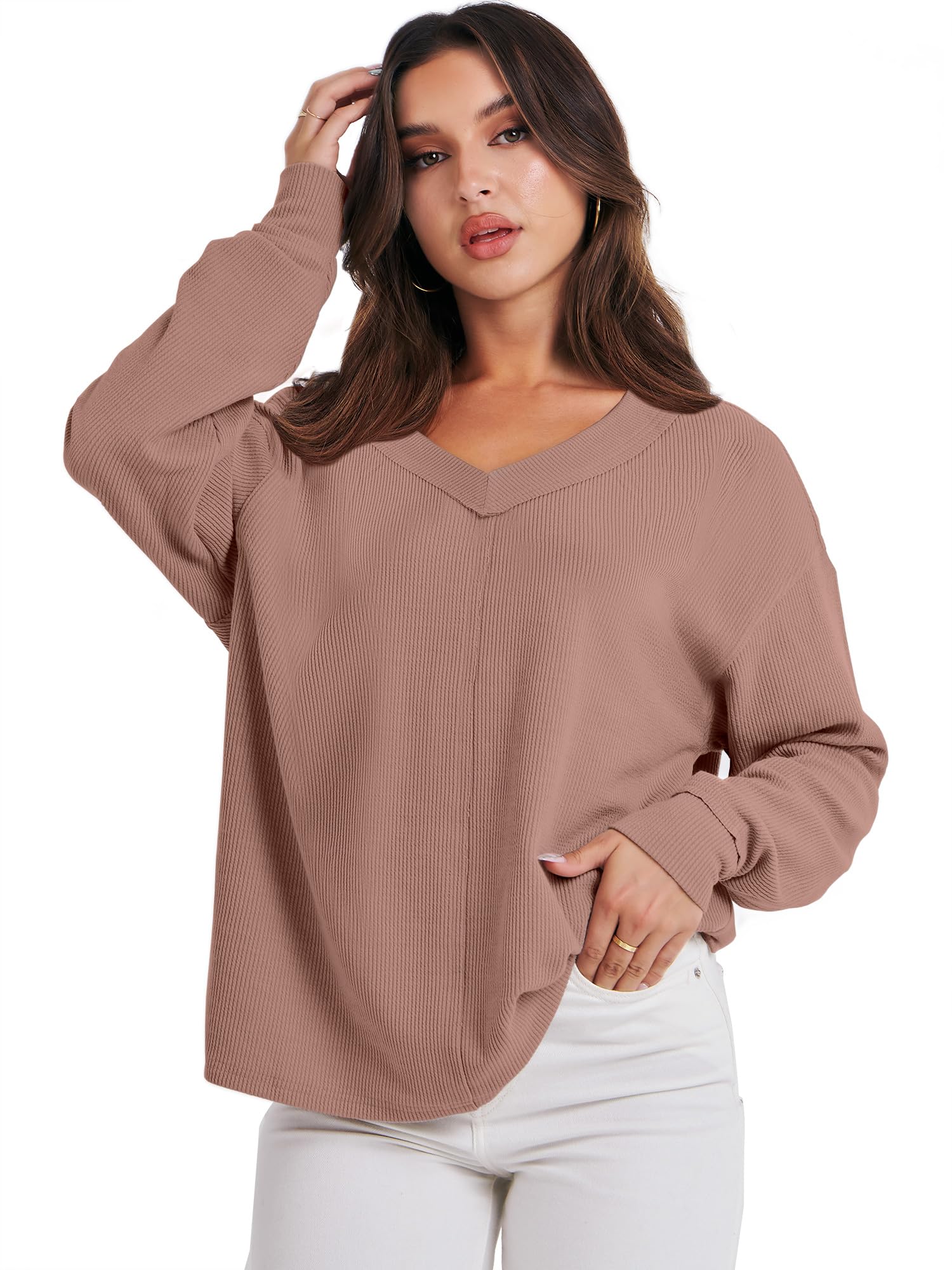 Caracilia Women's Oversized Off Shoulder Long Sleeve Waffle Knit Sweater - V Neck Pullover Top for Fall 2024 | Casual Outfit, Date Night, Autumn Layering
