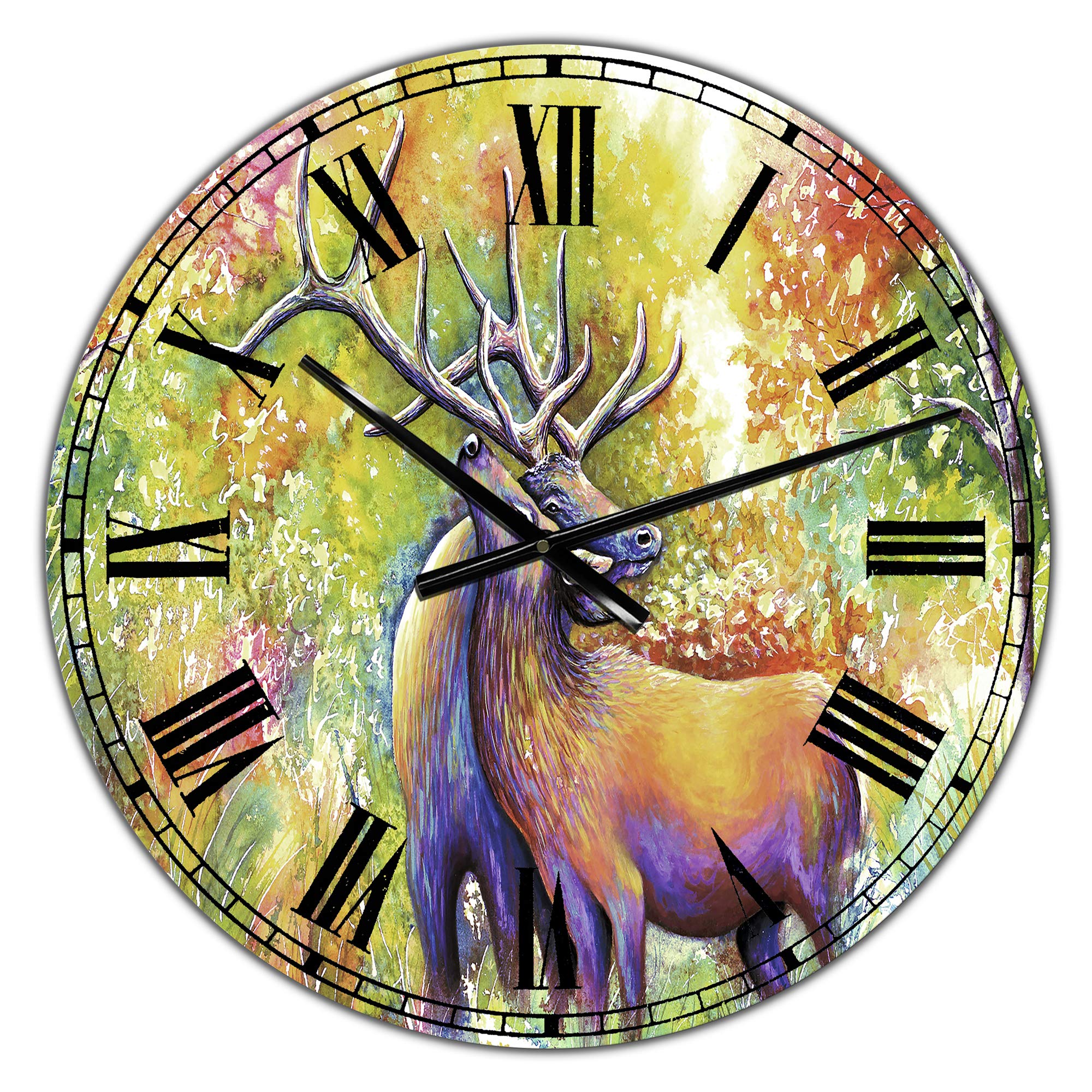 Designart Hugging Elk Love Wall Art Round Metal Clock - Rustic Cottage Decor for Living Room, Bedroom, Office | Perfect for Farmhouse, Cabin & Cozy Home Interiors