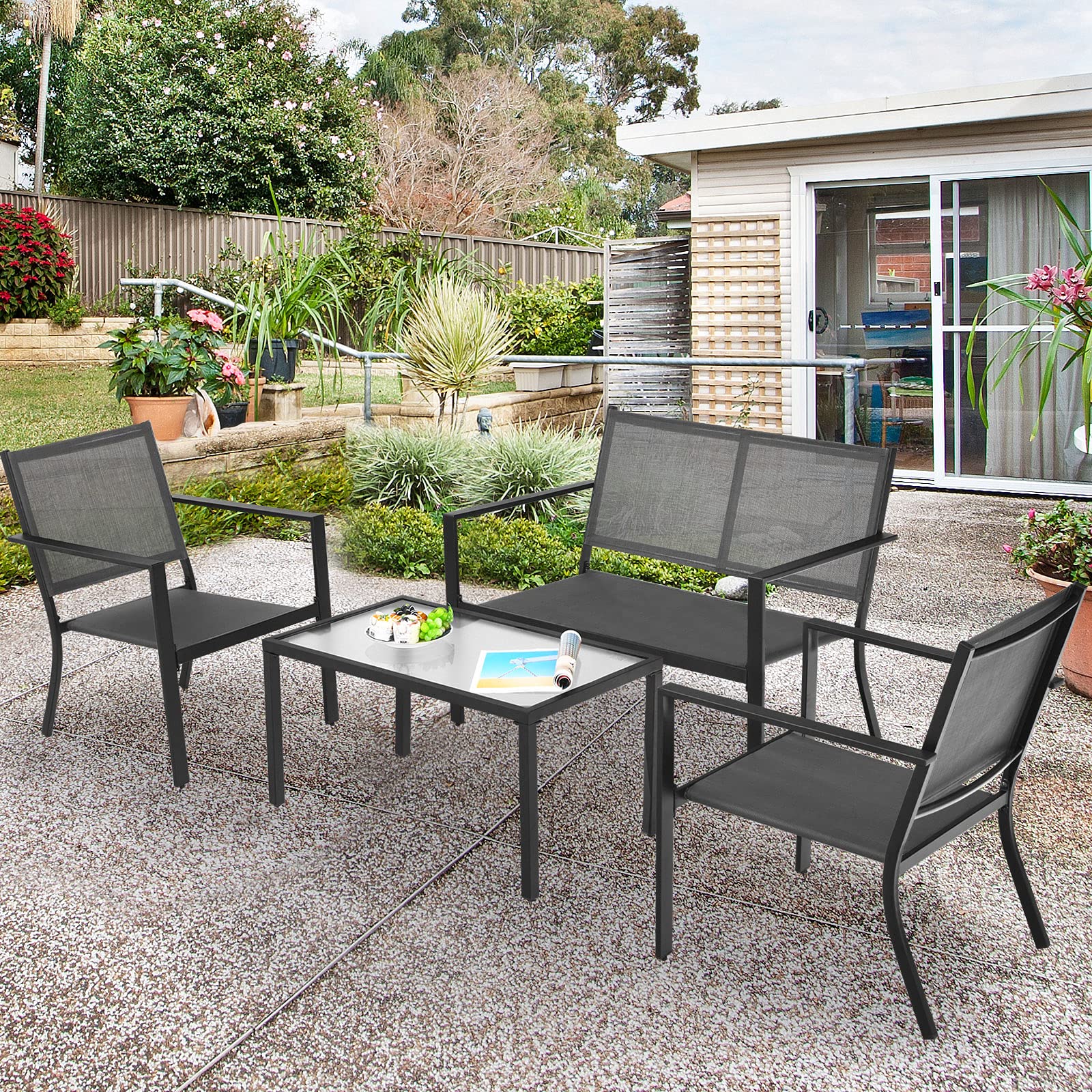 Tangkula 4-Piece Outdoor Patio Furniture Set - Grey Wicker Sectional Sofa with Glass Coffee Table - Weather-Resistant Garden Conversation Set for Backyard, Porch, Balcony & Poolside Relaxation