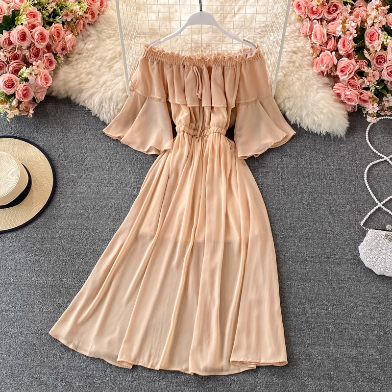 Elegant Off Shoulder Ruffled Chiffon Maxi Dress with Flared Trumpet Sleeves - Women's Boho Party Gown for Weddings, Date Nights & Special Occasions