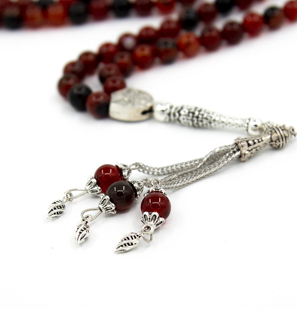 Islamic Tasbih Prayer Beads - 99 Count Multicolor Agate Stone Rosary (Brown/Red) for Muslim Worship, Meditation & Stress Relief