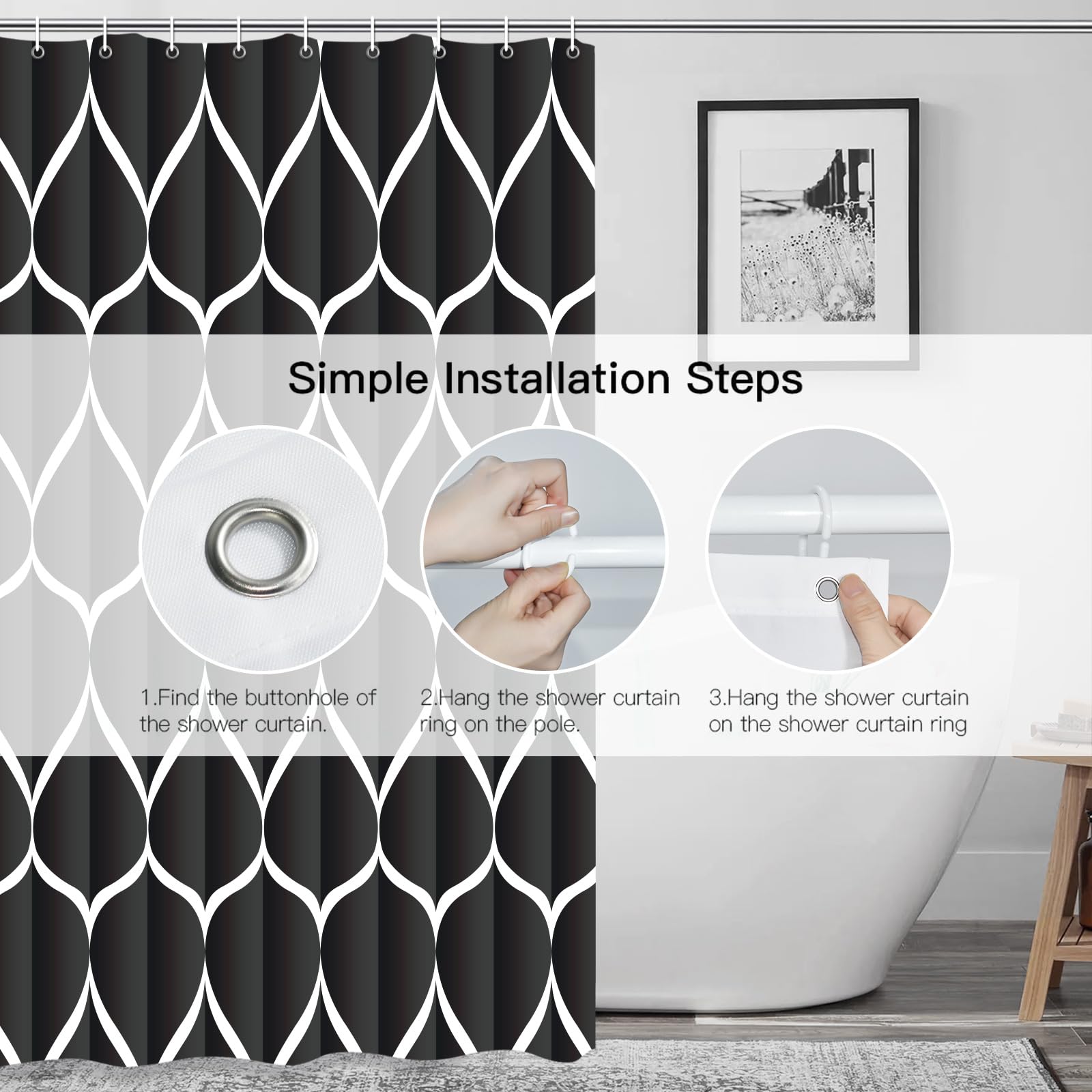 Gelbchu Black 72 x 72 Inch Waterproof Polyester Shower Curtain - Quick Dry Heavy Duty Bathroom Shower Liner with 12 Plastic Hooks, Machine Washable - Perfect for Modern Bathrooms, Guest Baths & Spa-Like Showers
