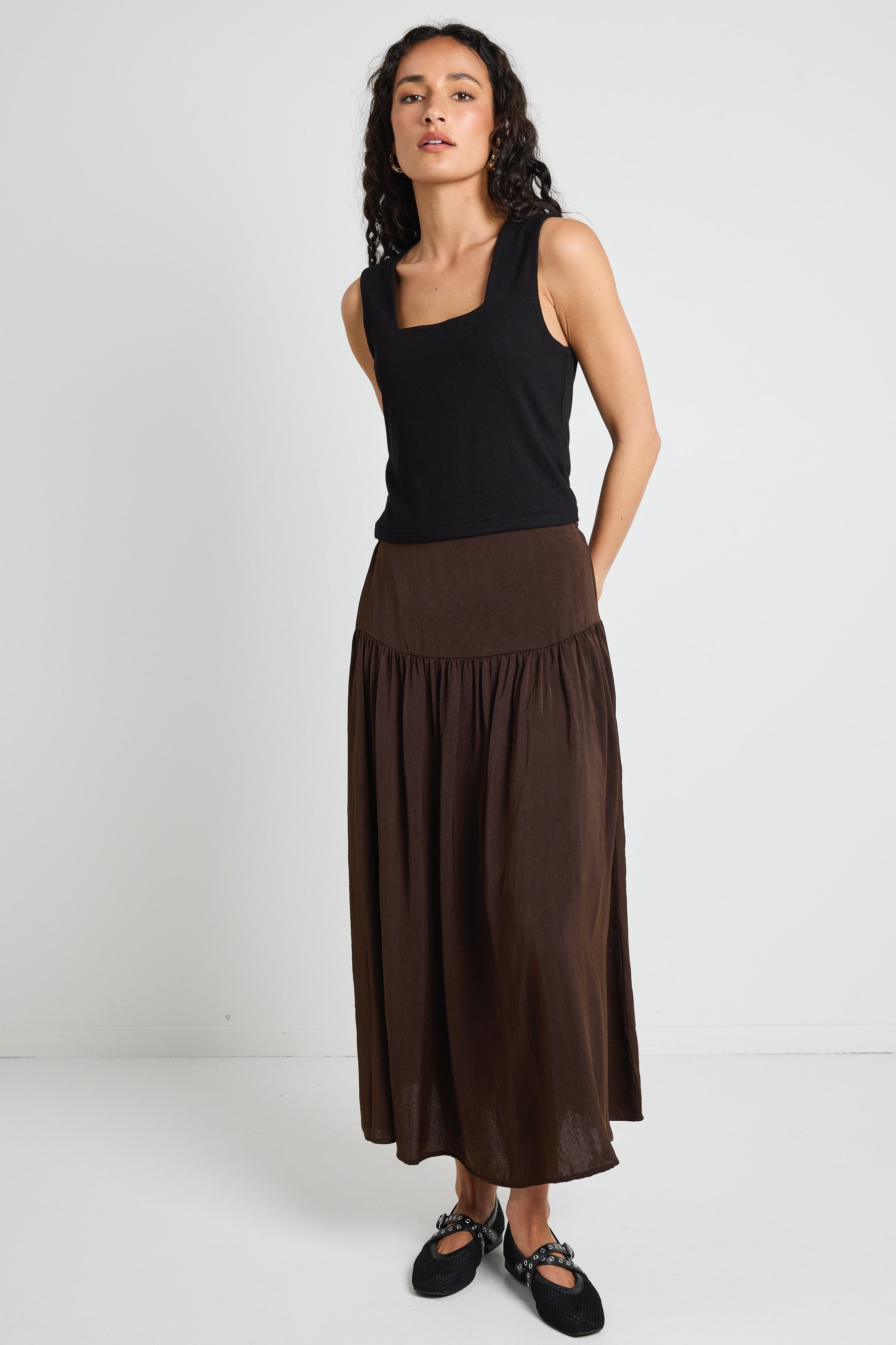 Lupe Espresso Hammered Satin Midi Skirt for Women - Elegant High Waist A-Line Skirt for Office, Party & Date Night Outfits