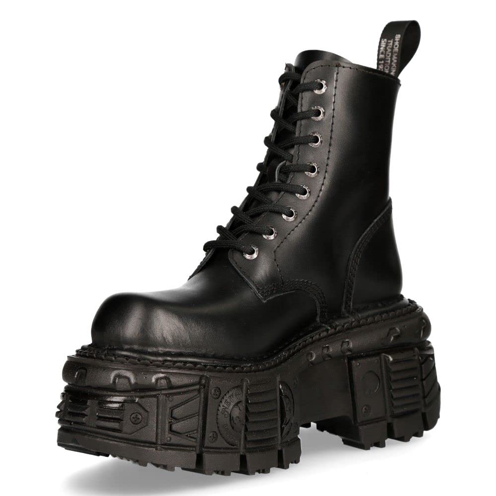 New Rock Boots M-MILI084N-S5 Women's Metallic Black 100% Leather Techno Platform Military Lace-Up Boots - Perfect for Gothic Fashion, Punk Style & Nightclub Outfits