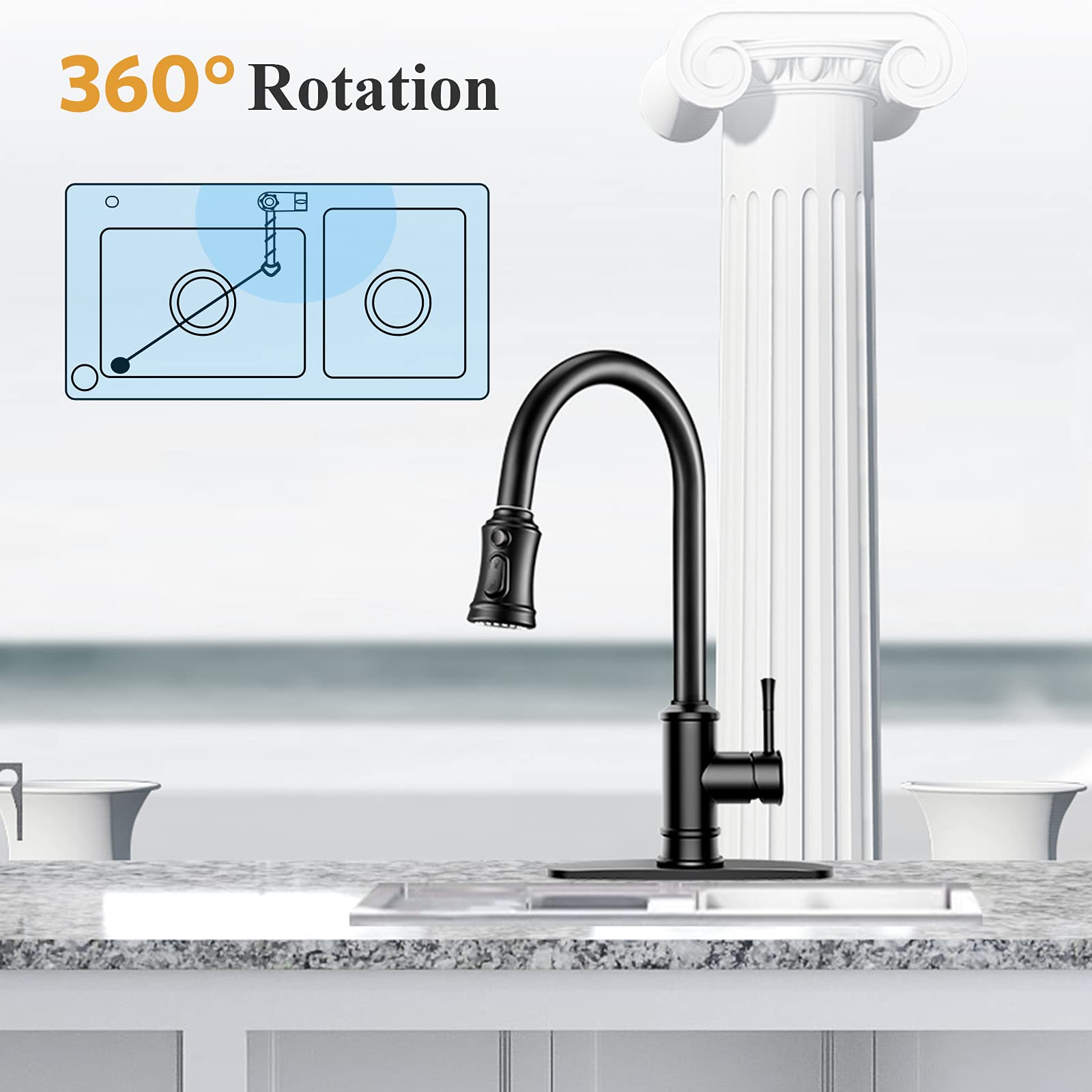WaterSong Matte Black Pull Down Sprayer Kitchen Faucet - 2 Sprayer Heads, Single Handle & Deck Plate, 3+4 Mode Sprayer Head Replacement - Perfect for Modern Kitchens & Easy Sink Cleaning