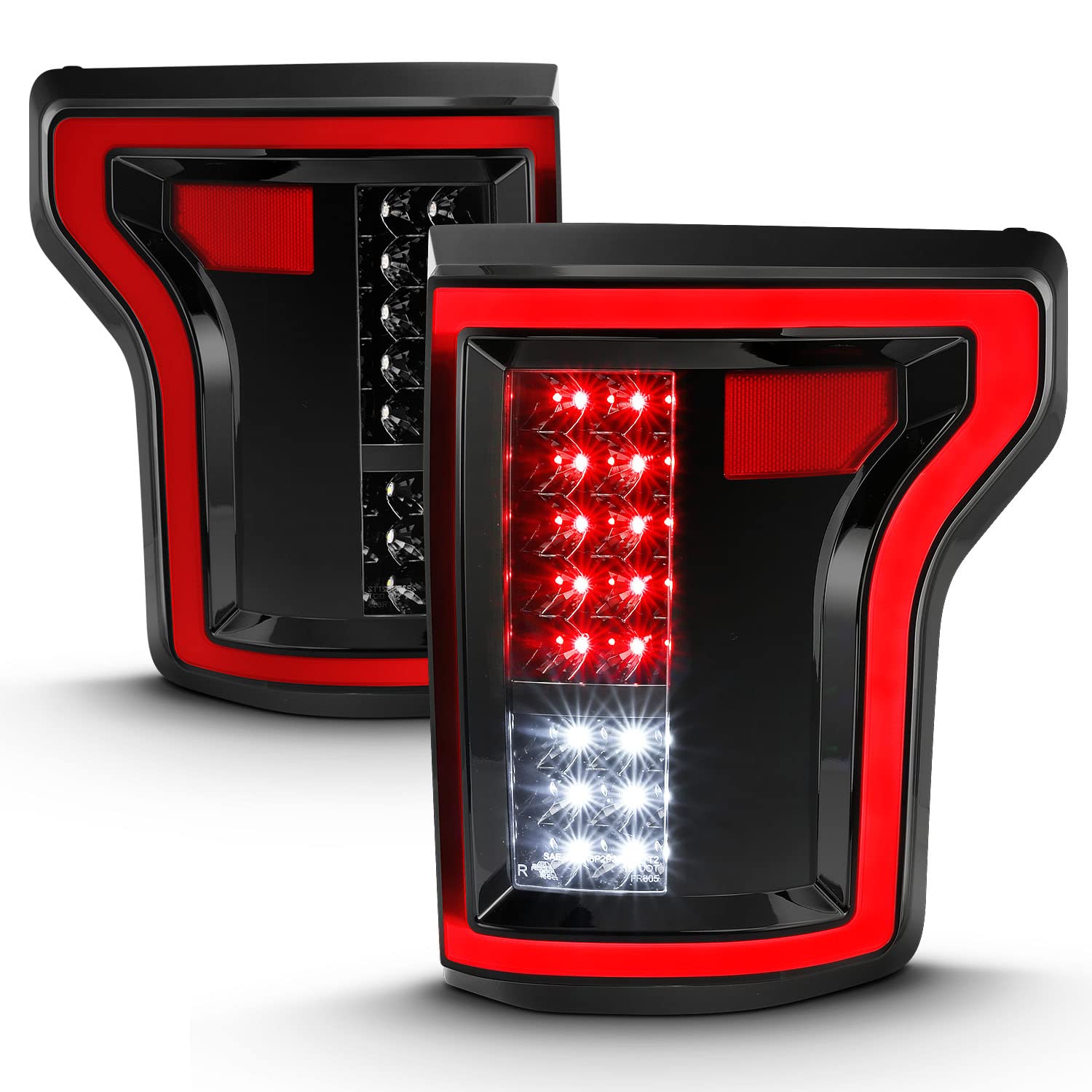 2015-2017 Ford F150 LED Tail Lights - AmeriLite 3D C-Type Dark Black Tube Style Full LED Tail Light Assembly Pair (Driver & Passenger Side) | Enhanced Night Visibility & Modern Look for Your Pickup Truck