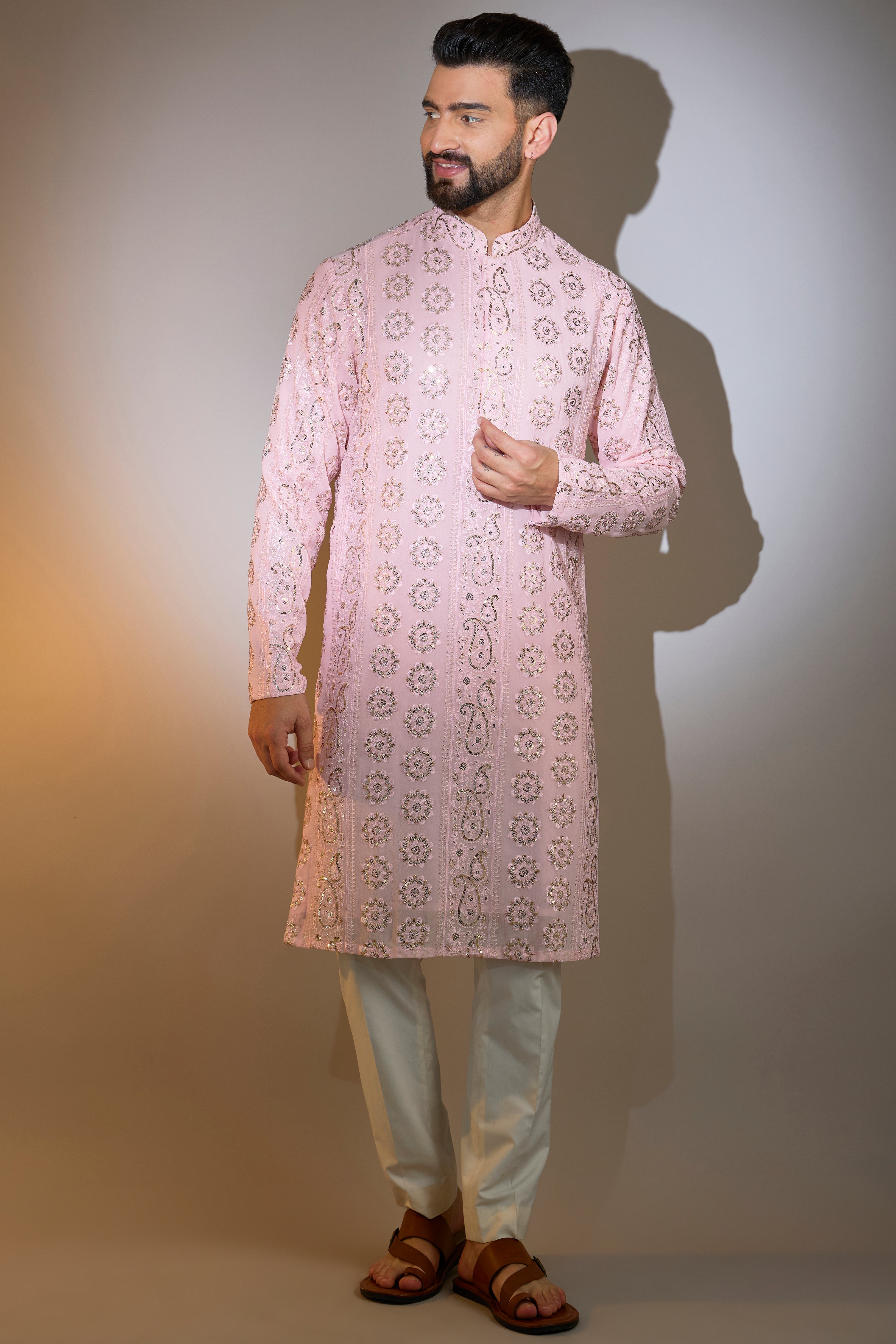 Elegant Powder Pink Chikankari Kurta with Sequin Embroidery - Perfect for Festivals, Weddings & Ethnic Parties