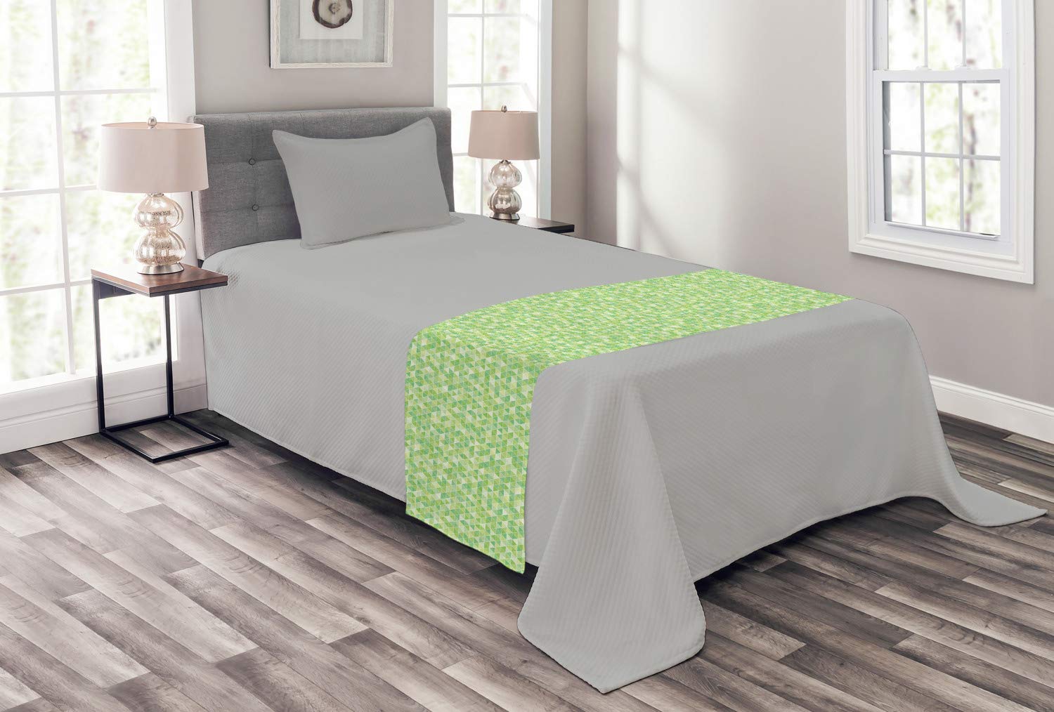 Ambesonne Lime Green Bed Runner - Modern Geometric Triangle Design Soft Fabric Decorative Bed Scarf for Queen King Beds | Hotel & Home Bedroom Decor in Pale Green & Fern Green | Perfect for Guest Rooms, Master Bedrooms & Luxury Bedding Accents