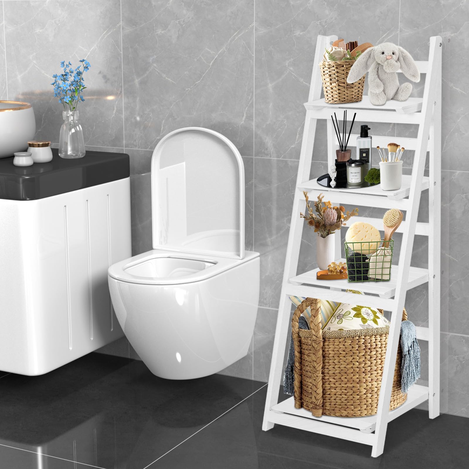 Foldable Wooden Ladder Shelf - 5-Tier Multi-Purpose Storage Organizer for Plants, Books & Home Decor | Indoor/Outdoor Use in Living Room, Office, Balcony, Patio & Garden (White)