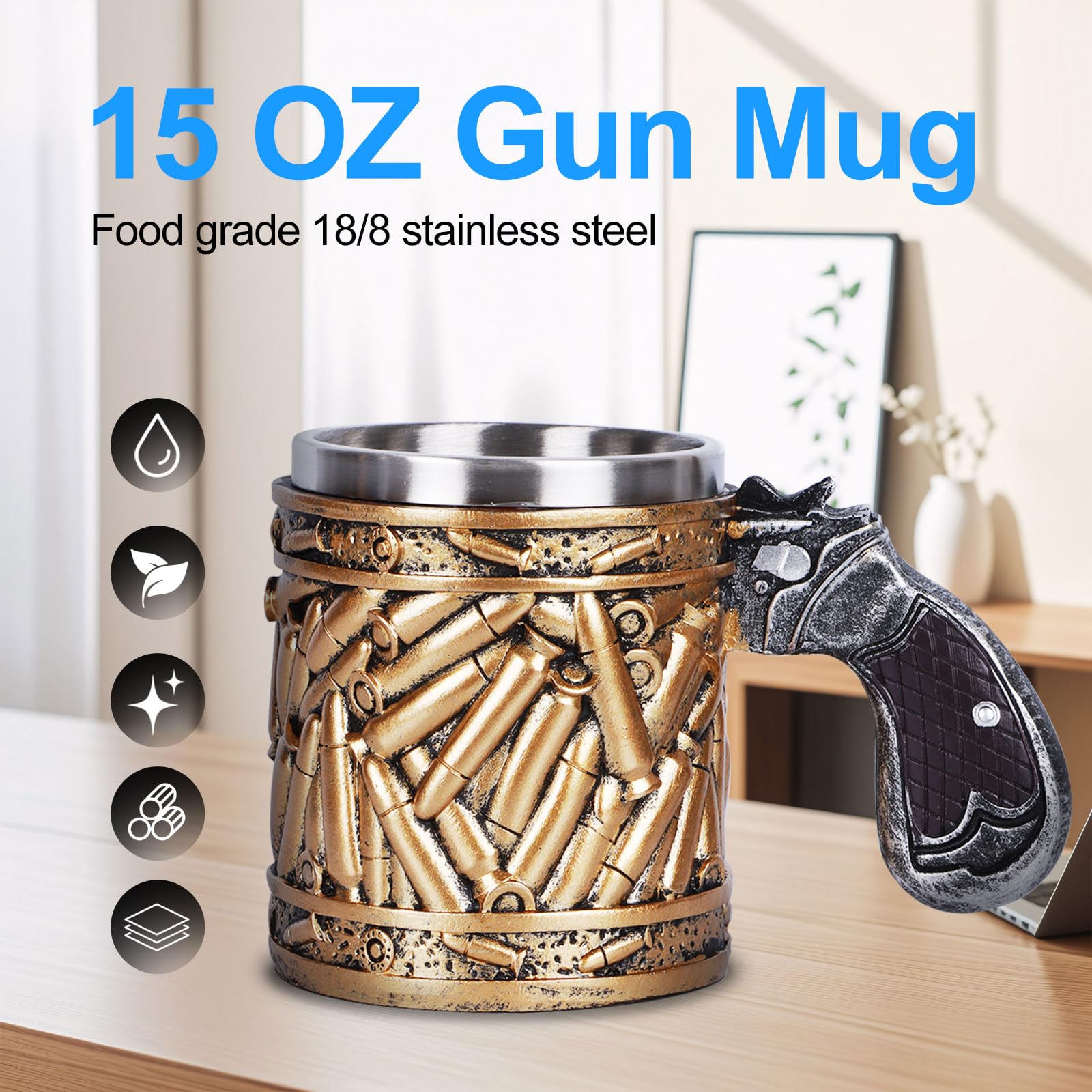 Gun Handle Coffee Mug - 15oz Stainless Steel Bullet Design Beer Cup | Unique Father's Day & Birthday Gift for Men | Perfect for Coffee, Beer & Outdoor Camping
