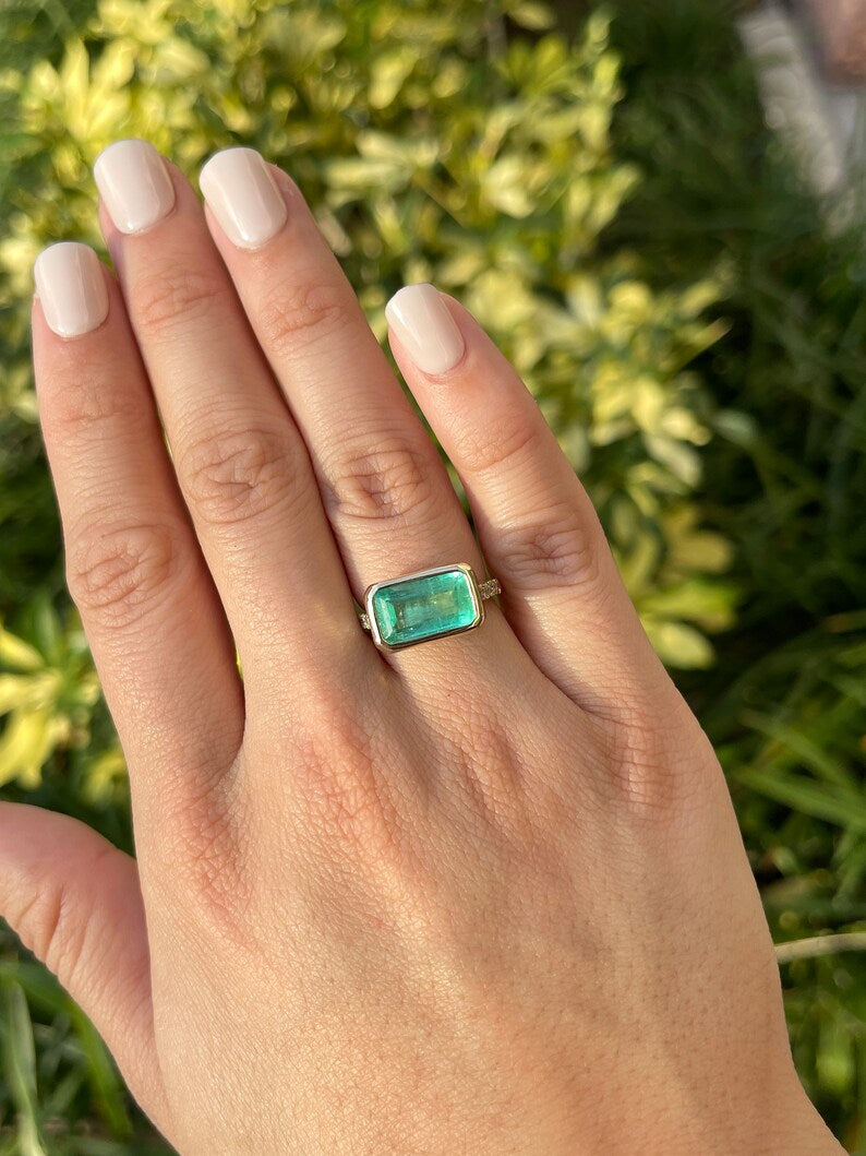 5.97tcw 14K Gold East West Emerald Cut Bezel Ring with Diamond Accents - Elegant Stackable Jewelry for Weddings, Anniversaries & Everyday Wear