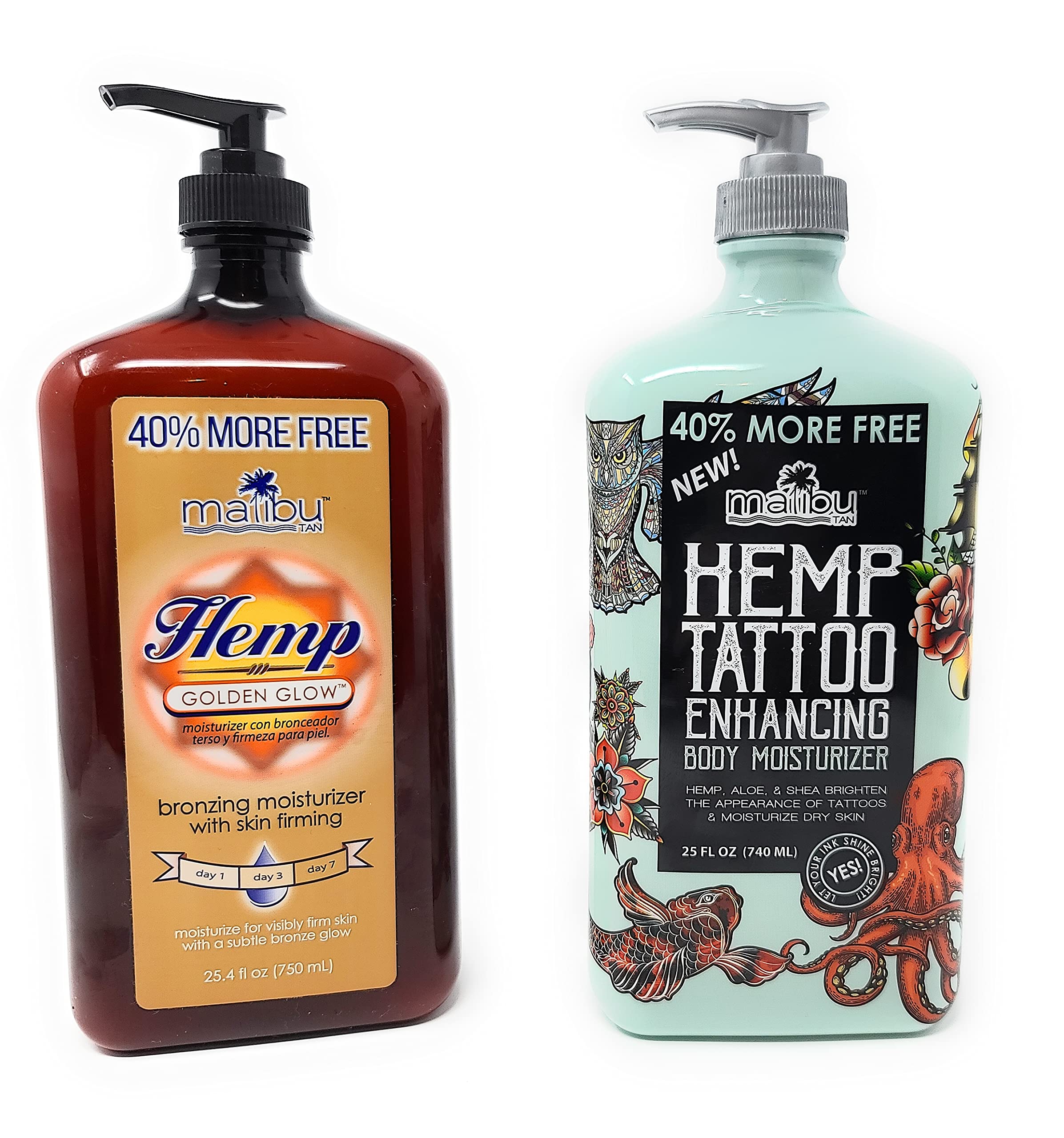 Malibu Hemp Tattoo Enhancing Body Moisturizer 25oz & Golden Glow Lotion 25.4oz Bundle - 40% Extra Free - Hydrating Skincare for Tattoo Care & Sun-Kissed Glow - Perfect for Post-Tattoo Healing & Summer Skin Radiance
