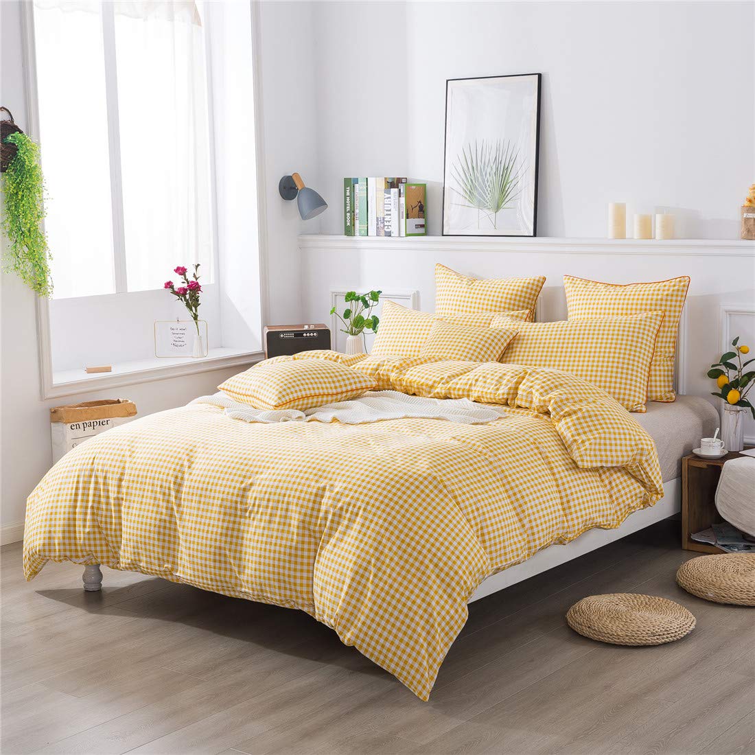 FADFAY Yellow Plaid Duvet Cover Set Queen Size 100% Cotton Ultra Soft Reversible Gingham Checkered Bedding with Zipper Closure - 3 Piece Set (1 Duvet Cover + 2 Pillowcases) for Cozy Bedroom Decor & Farmhouse Style Home