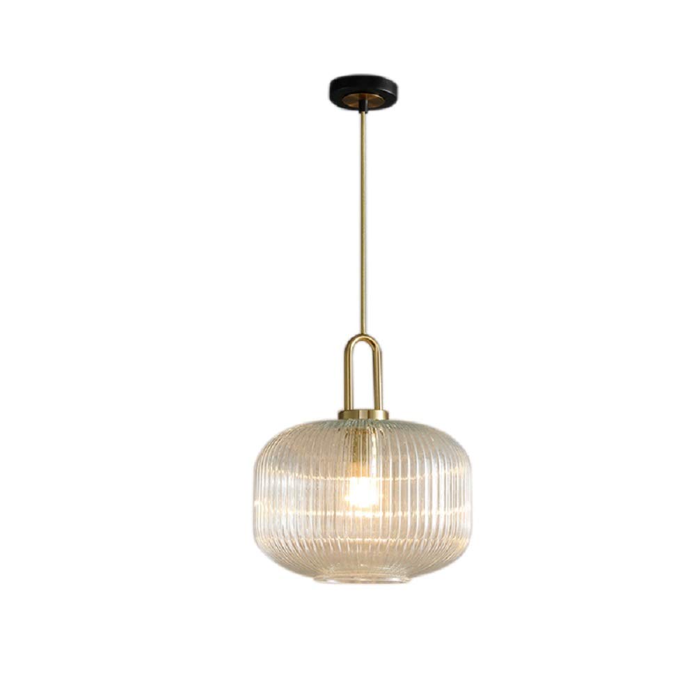 Gold Ribbed Glass Pendant Light with Handle - 8 Inch Contemporary Ceiling Light for Kitchen Island, Dining Room, or Bedroom Decor