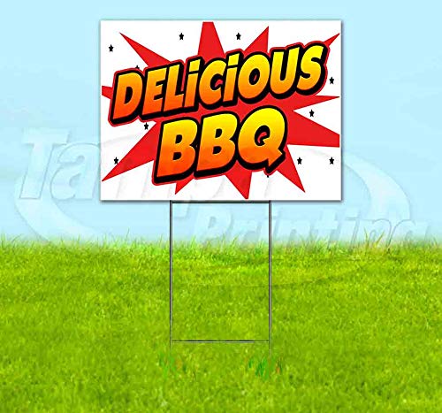 WBG Delicious BBQ 18x24 Inch Metal Yard Sign with Step Stake - Bulk Discounts & Multi-Packs Available - Perfect for Restaurant Advertising, Backyard Parties & Outdoor Events (Made in USA)