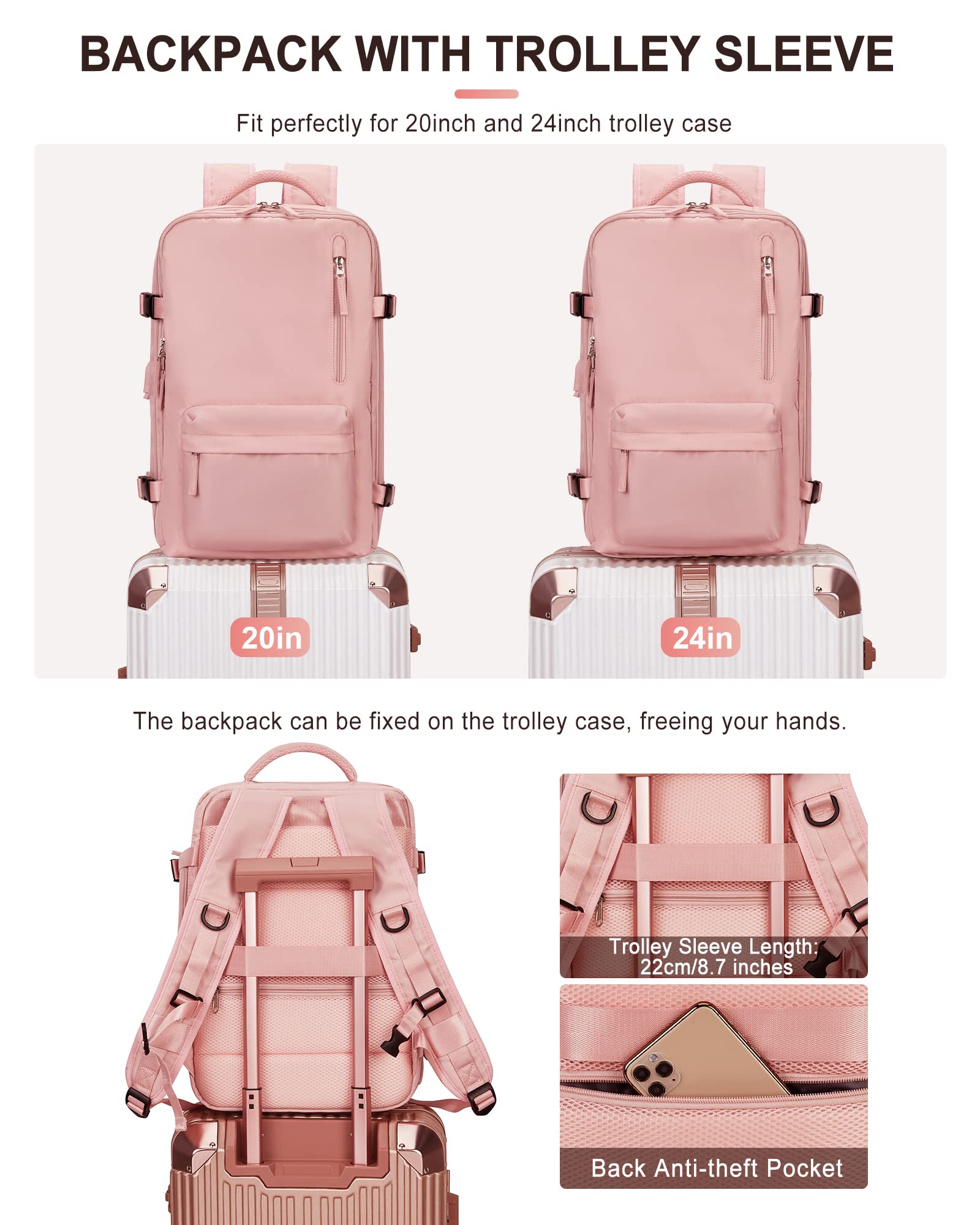 VGCUB 40L Large Travel Backpack for Women & Men - Waterproof Carry On Backpack with 17 Inch Laptop Compartment, Flight Approved Business Backpack - Perfect for Air Travel, Commuting & Outdoor Adventures (Pink)