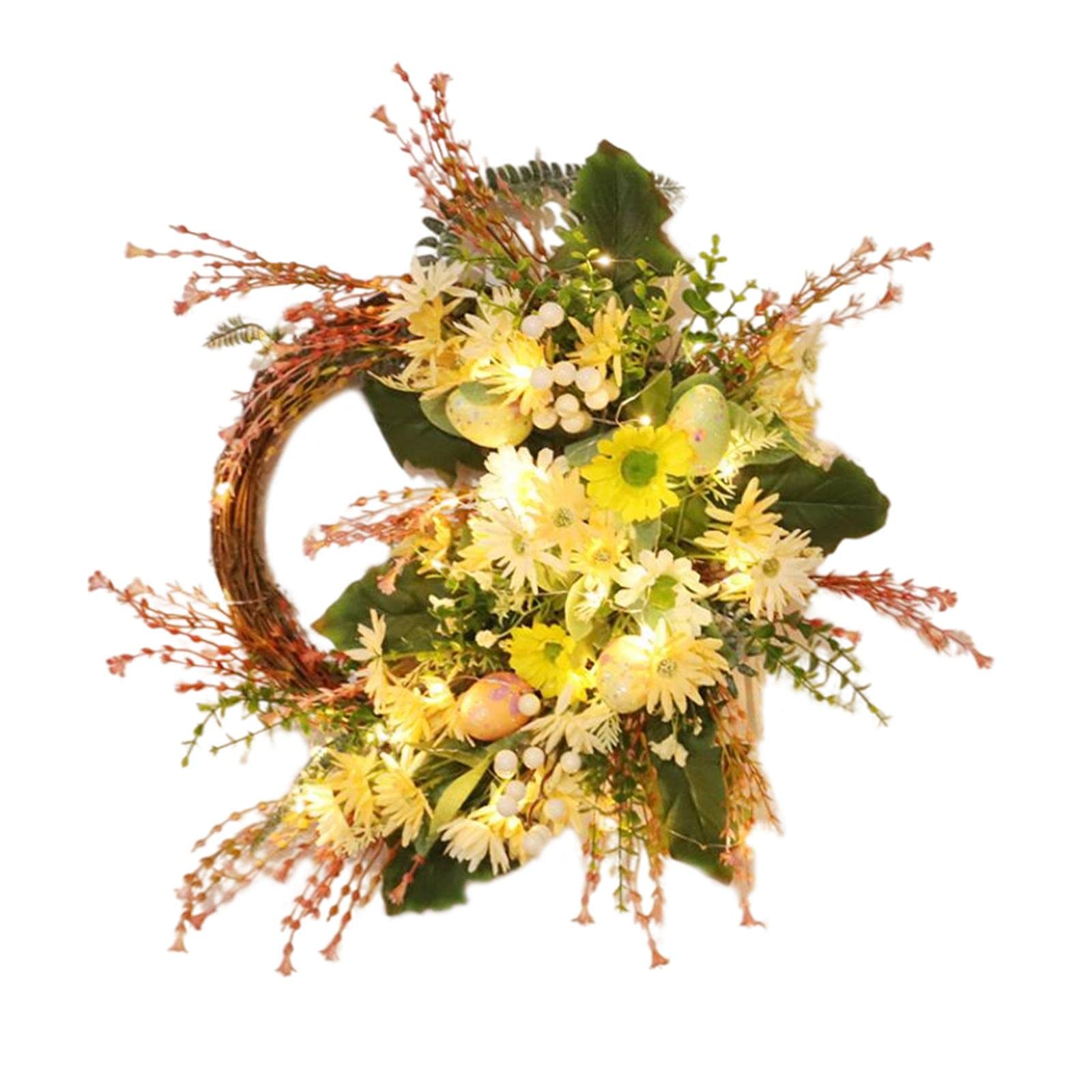 50cm Daisy Easter Door Wreath with LED Lights & Green Leaves - Yellow Spring Floral Wreath for Front Door Decor, Easter Party, Home Celebration & Seasonal Holiday Decoration