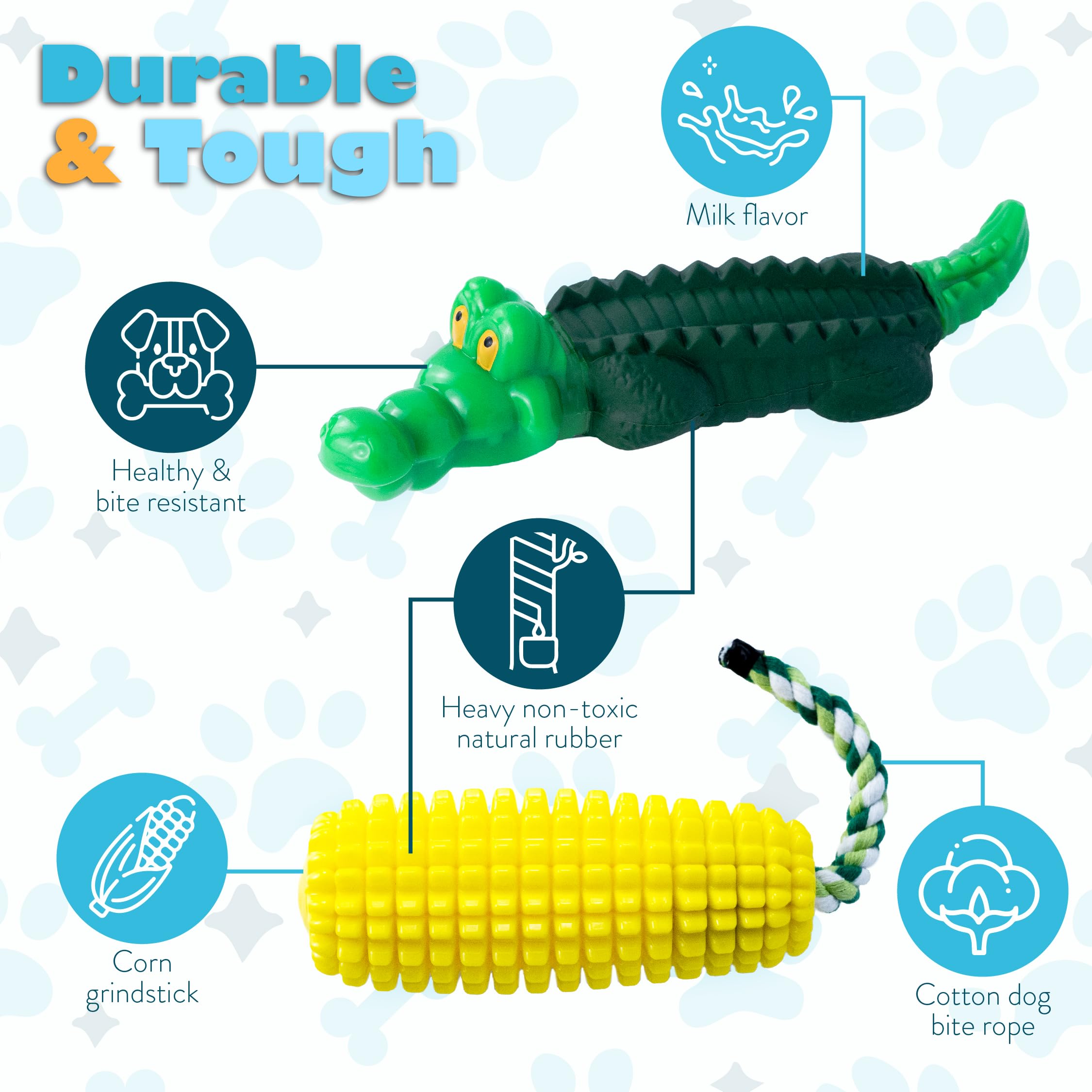 Durable 2-Pack Dog Chew Toys for Aggressive Chewers - Cartoon Alligator & Corn-Shaped Squeaky Interactive Rubber Toys for Medium & Large Breeds | Heavy Duty Chew Toys for Playtime, Training & Dental Health
