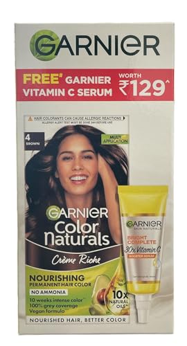 Garnier Hair Color Creme - Long Lasting Natural Brown Shade 4 with Vitamin C Face Serum 7ml | Hair Dye for Smooth & Shiny Results | At-Home Hair Coloring Kit for Women & Men | Perfect for Touch-Ups & Full Color Coverage