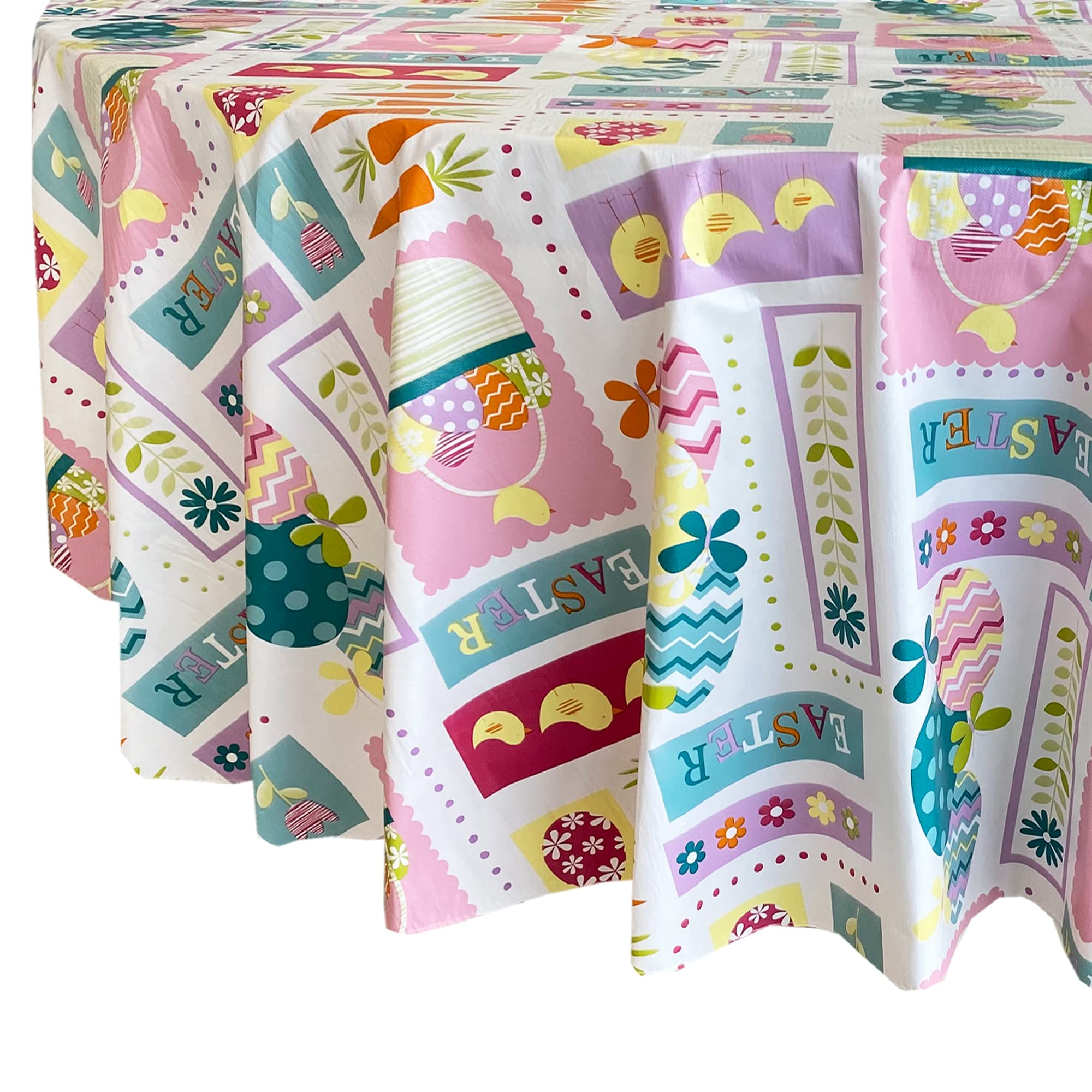 Easter Spring Tablecloth - Pastel Easter Egg Print Vinyl Flannel Backed Table Cover, 60” x 84” Oval, Wipe Clean & Easy Care for Holiday Dining, Party Decor, and Spring Home Decor
