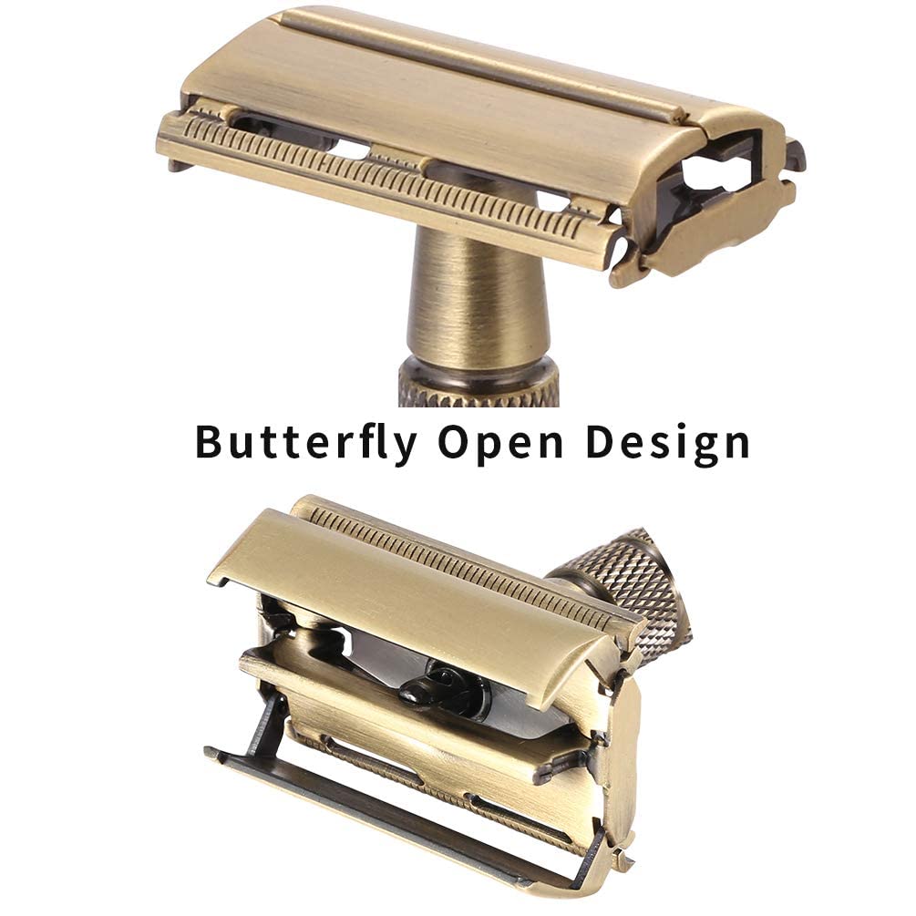 Premium Double Edge Safety Razor for Men & Women - Classic Butterfly Open Design with Bronze Long Handle & 5 Stainless Steel Blades | Reusable Metal Brass Manual Shaver with Close Comb | Perfect for Wet Shaving, Travel & Gift Giving