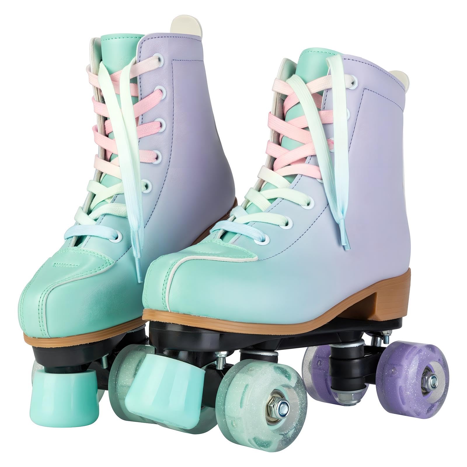 PU Leather Gradient Green & Purple Roller Skates with LED Flash Wheels for Girls & Women - Indoor & Outdoor Skates for Youth Beginners Ages 8-12 - Perfect for Rink, Park, Street Skating & Birthday Gifts