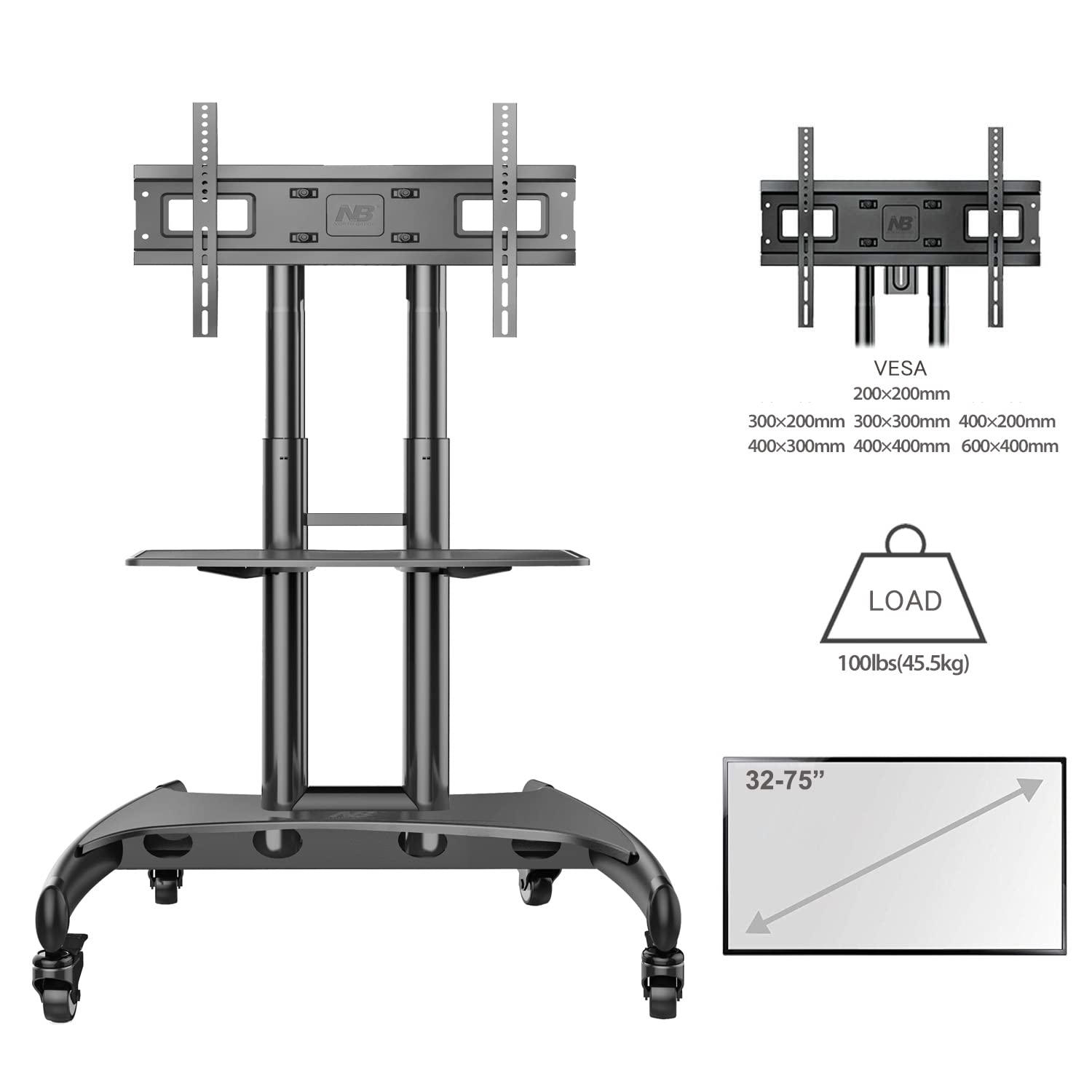 North Bayou Mobile TV Cart Rolling Stand with Wheels for 32-75 Inch LCD LED OLED Plasma Flat Screens up to 100lbs - AVA1500-60-1P (Black) | Perfect for Living Room, Bedroom, or Office TV Setup