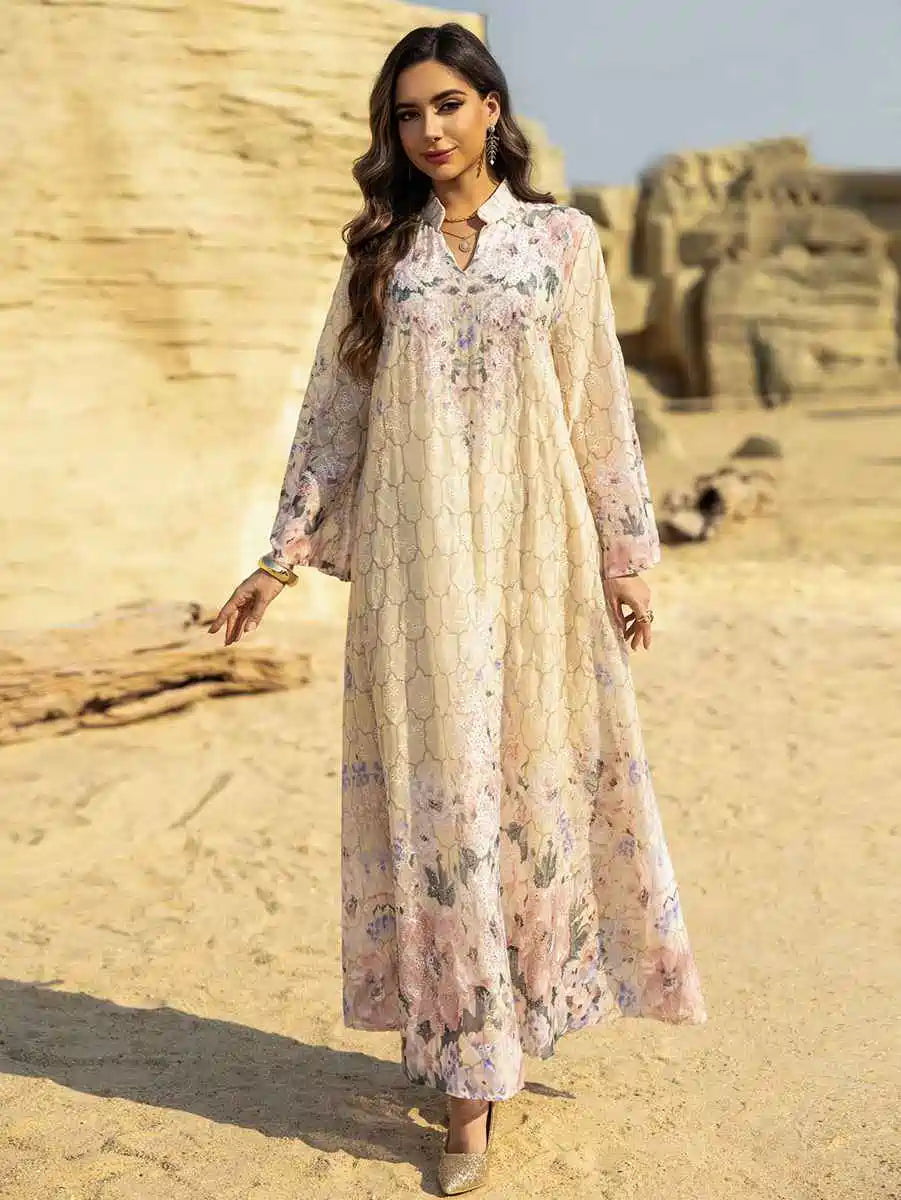 Elegant Eid Dress for Women - Embroidered Caftan Kaftan with Floral Print #25463 | Perfect for Eid Celebrations, Weddings & Special Occasions