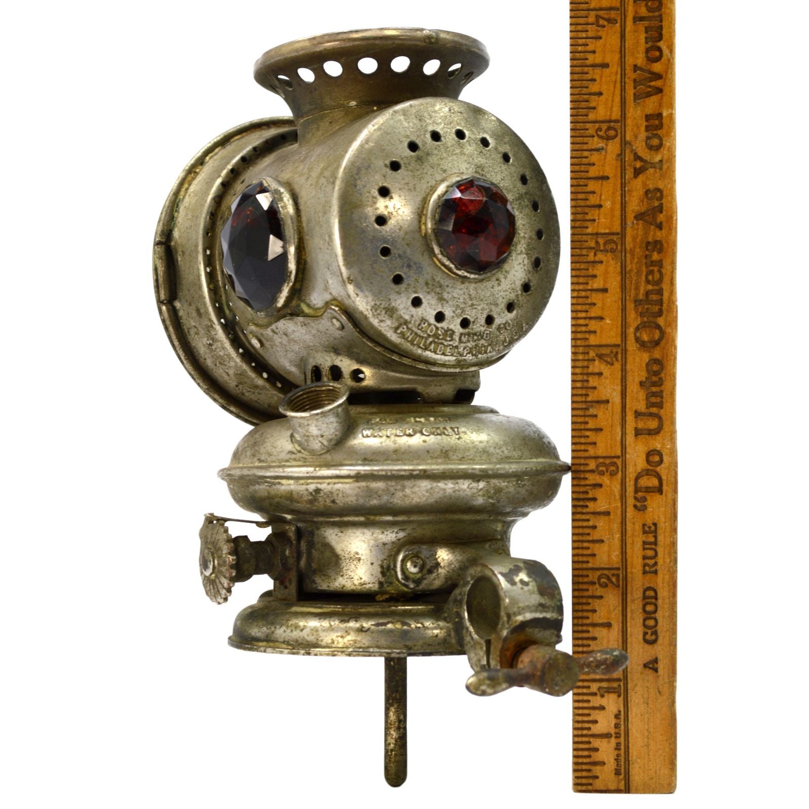 Vintage Antique ROSE MFG CO KEROSENE Bicycle Lamp with 3 Faceted Glass Jewels - For Parts/Repair - Perfect for Classic Bike Restoration & Vintage Decor