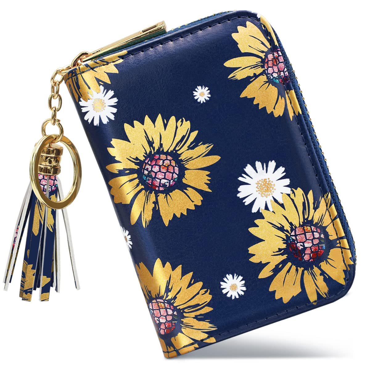 RFID Blocking Leather Women's Wallet with 12 Card Slots - PU Leather Small Credit Card Holder, Coin Purse & Keychain - Zipper Business Card Case - Travel Mini Bag with Tassel (Blue Sunflower) - Perfect for Everyday Use, Business Travel & Gift Giving