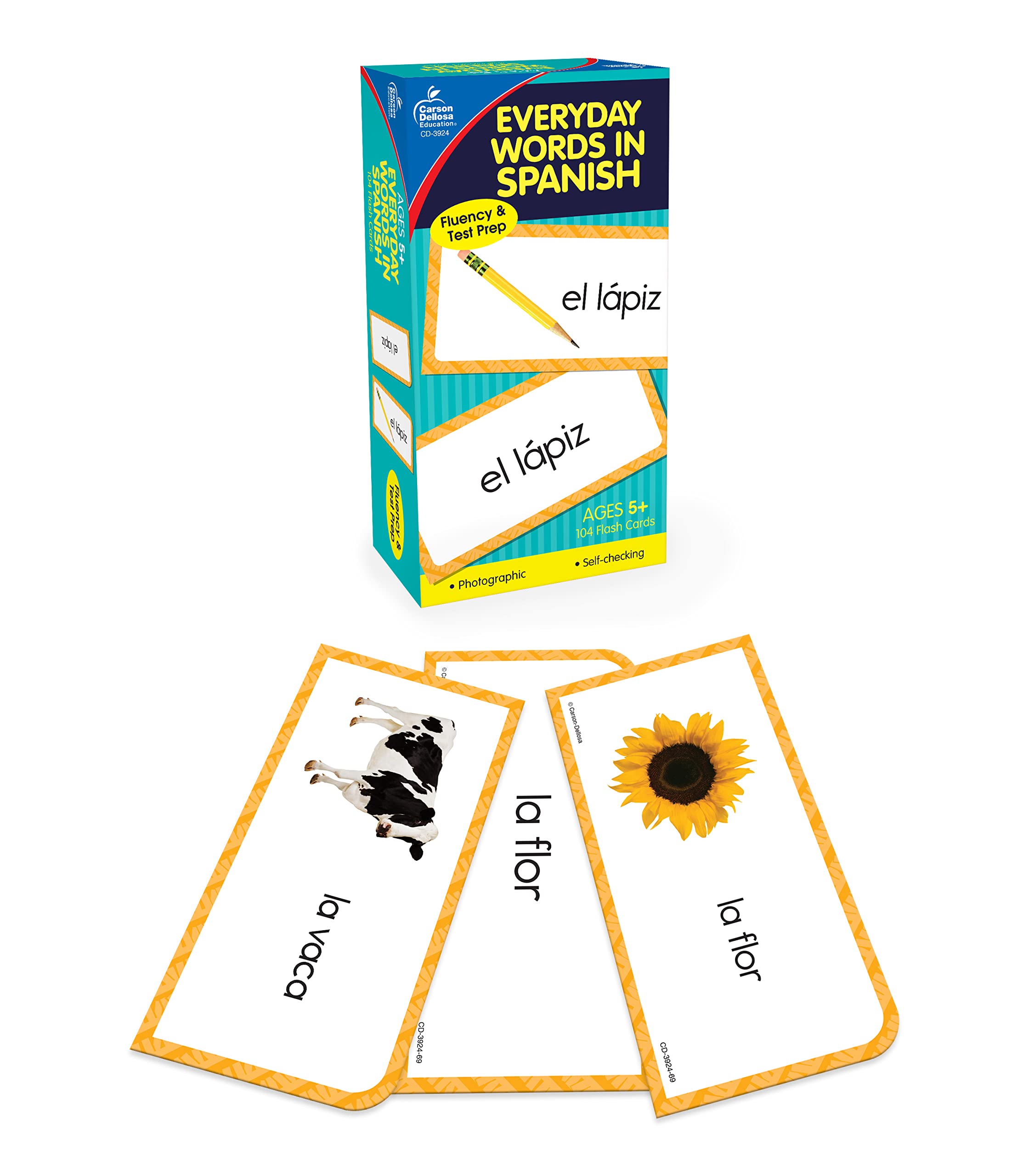 Carson Dellosa Spanish Flash Cards for Kids - Learn Colors, Animals, People, Common Phrases & Household Items | Spanish Vocabulary Builder for Preschool & Kindergarten (Ages 5+) | 104 Cards | Perfect for Homeschooling & Bilingual Education