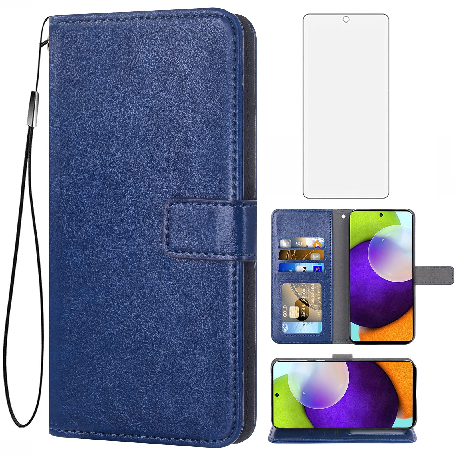 ASUWISH Samsung Galaxy A52 5G/4G Wallet Case with Tempered Glass Screen Protector - Leather Flip Cover with Card Holder & Stand - Slim Protective Phone Case for Women & Men (Blue) - Perfect for Work, Travel & Everyday Use
