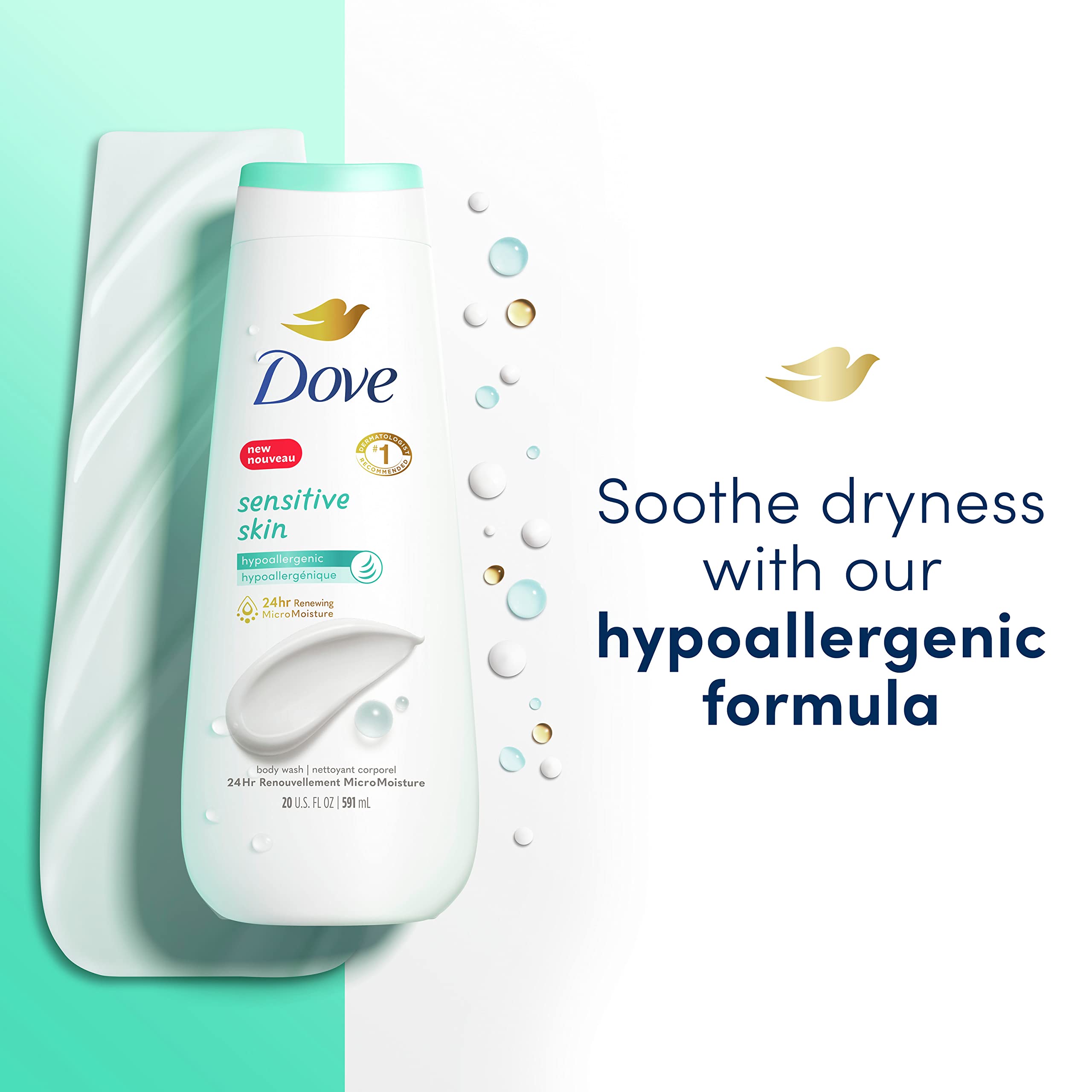 Dove Sensitive Skin Body Wash 4-Pack - Hypoallergenic, Paraben-Free | Deep Moisture Body Wash 4-Pack for Dry Skin - Gentle Moisturizing Skin Cleanser | Perfect for Daily Shower & Bath Routine, Ideal for Sensitive & Dry Skin Care