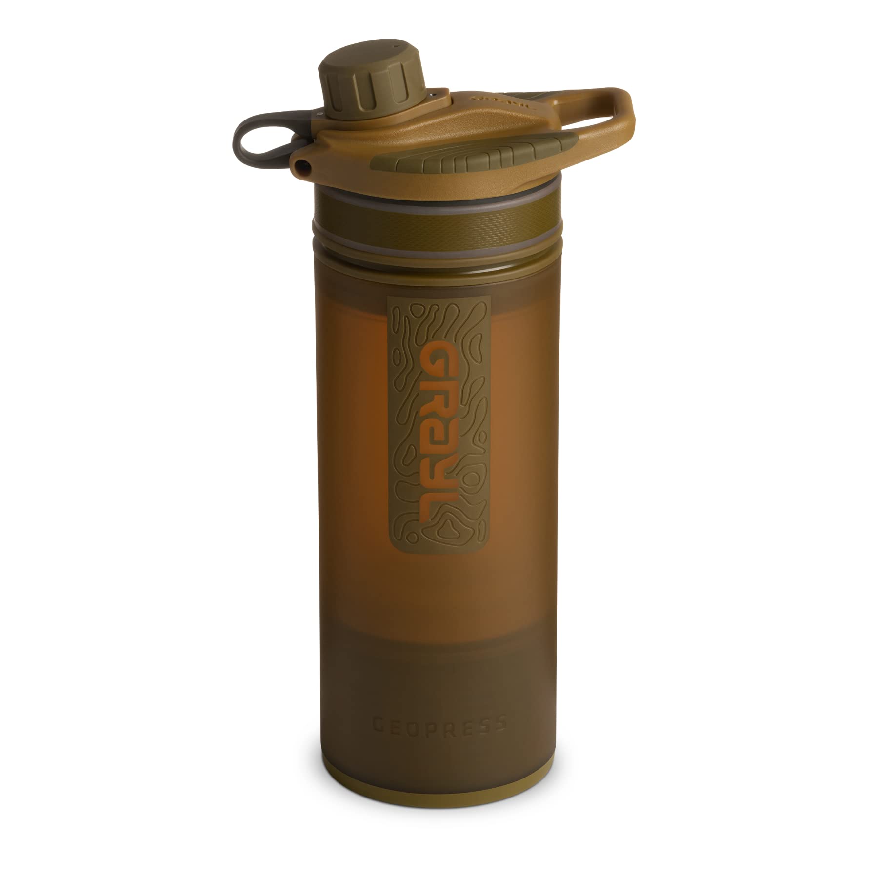 GRAYL GeoPress 24 oz Water Purifier Bottle - Portable Water Filter for Hiking, Camping, Survival & Travel - Removes 99.9% of Bacteria & Viruses - Coyote Brown - Perfect for Outdoor Adventures, Emergency Preparedness & Backpacking Trips