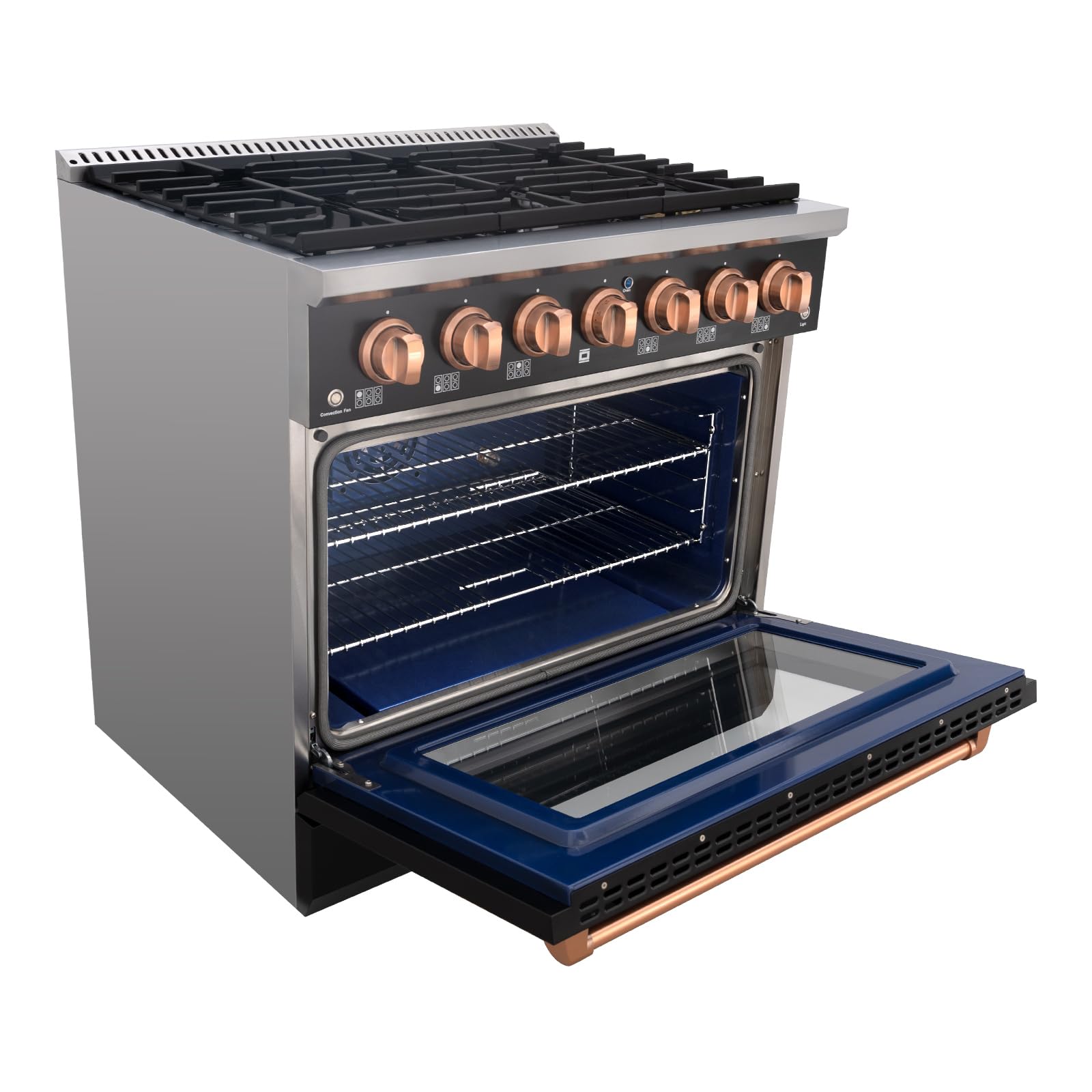 Akicon 36 Inch Freestanding Gas Range - 6 Sealed Burner Gas Stove with Heavy Duty Cast Iron Grates | 5.2 cu.ft Rapid Convection Oven | Blue Porcelain Interior (Black & Copper) | Perfect for Home Kitchen, Restaurant & Commercial Cooking