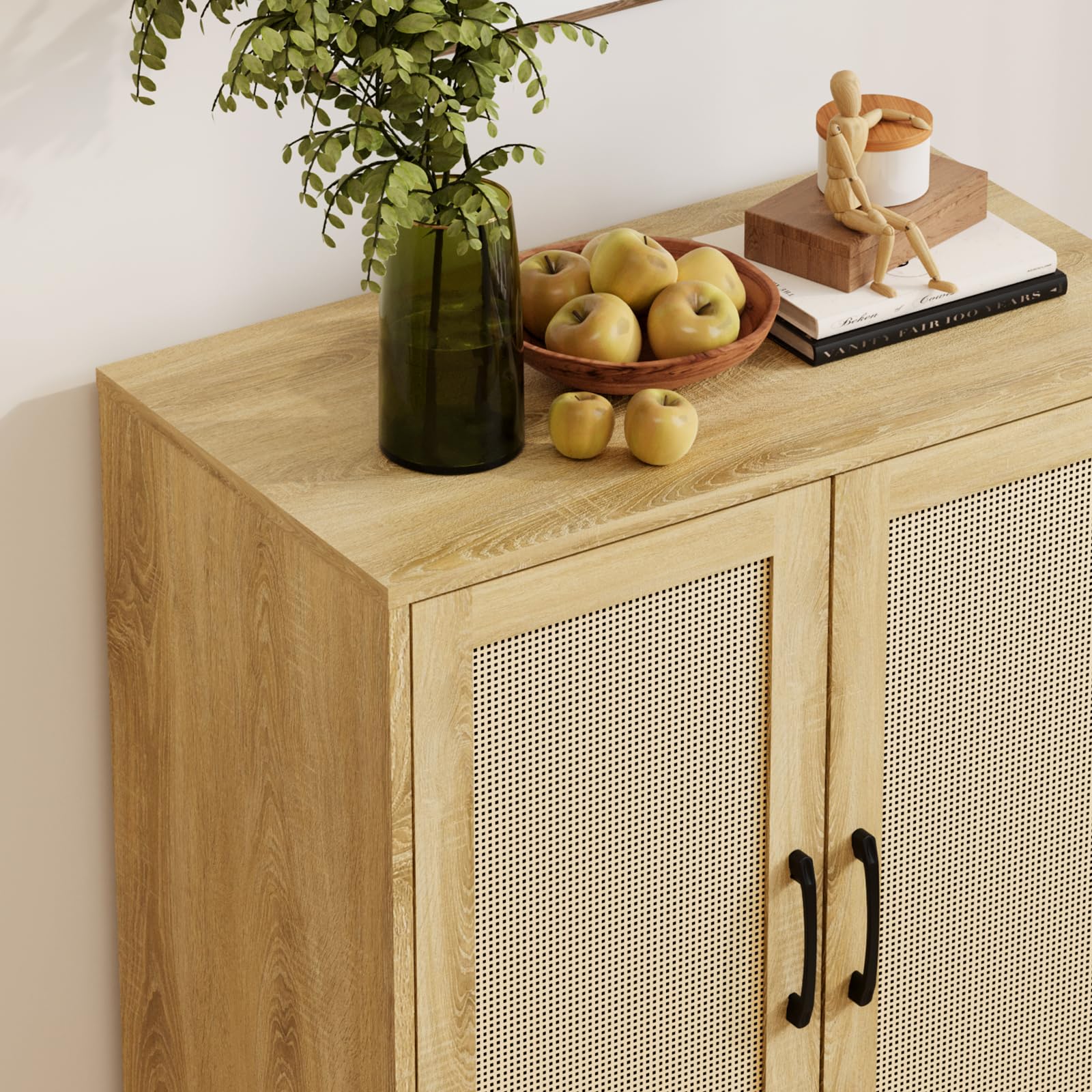 Rattan Decorated Buffet Cabinet - 2 Door Storage Cabinet with Adjustable Shelves, Shoe Cabinet & Sideboard for Kitchen, Living Room, Hallway, Entryway - Natural Wood Finish | Perfect for Farmhouse, Boho & Coastal Home Decor