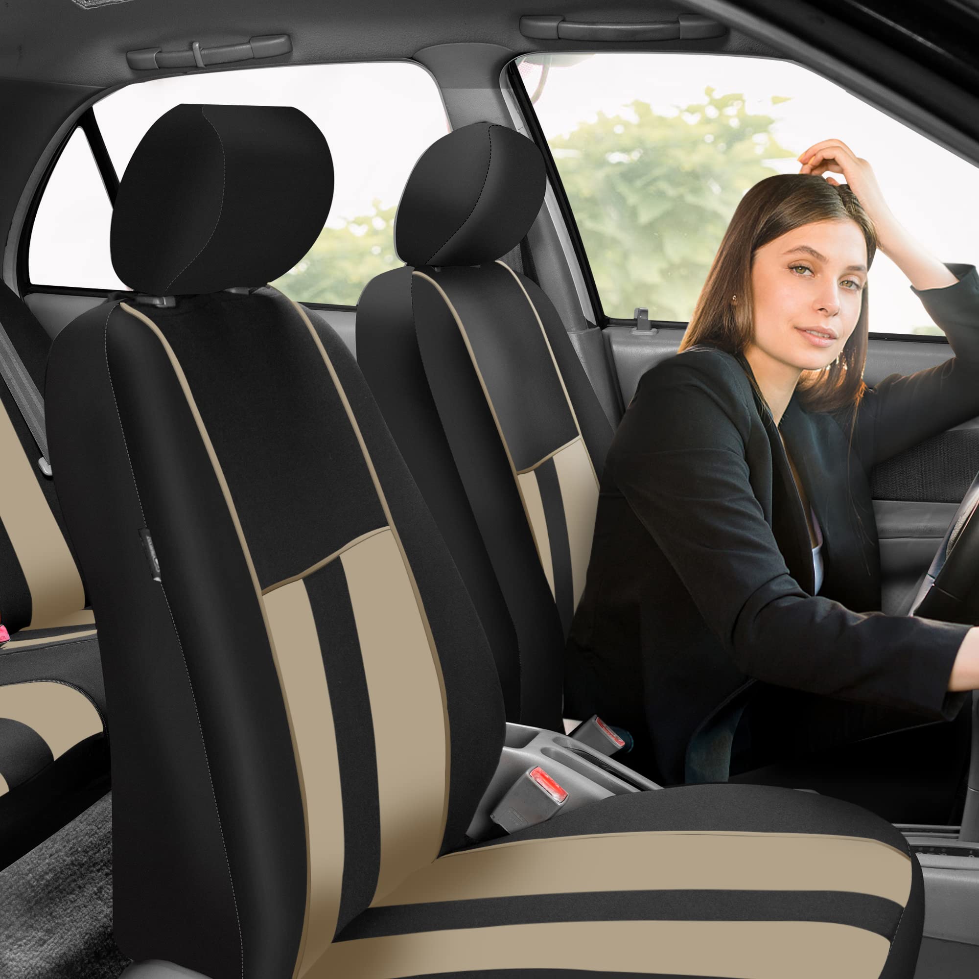 Premium FH Group Car Seat Covers - Airbag Compatible Front Pair Set, Beige & Black Striped Design | Universal Fit for Cars, Trucks & SUVs | Perfect for Daily Commute, Road Trips & Interior Protection