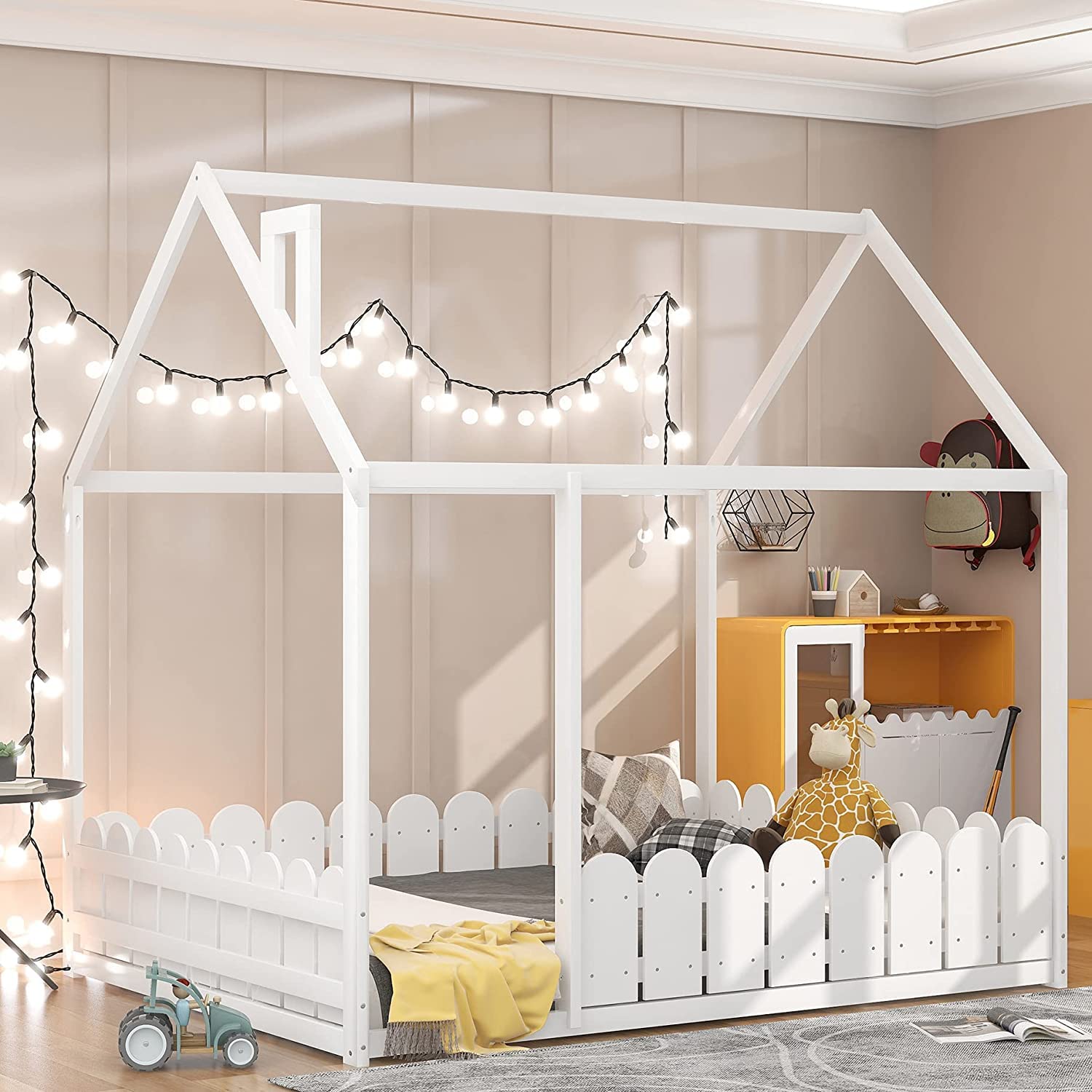 **Full Size House Bed for Kids - Wooden Bed Frame with Roof & Fence for Boys & Girls - Easy Assembly (White) - Perfect for Bedrooms, Playrooms & Montessori Spaces**