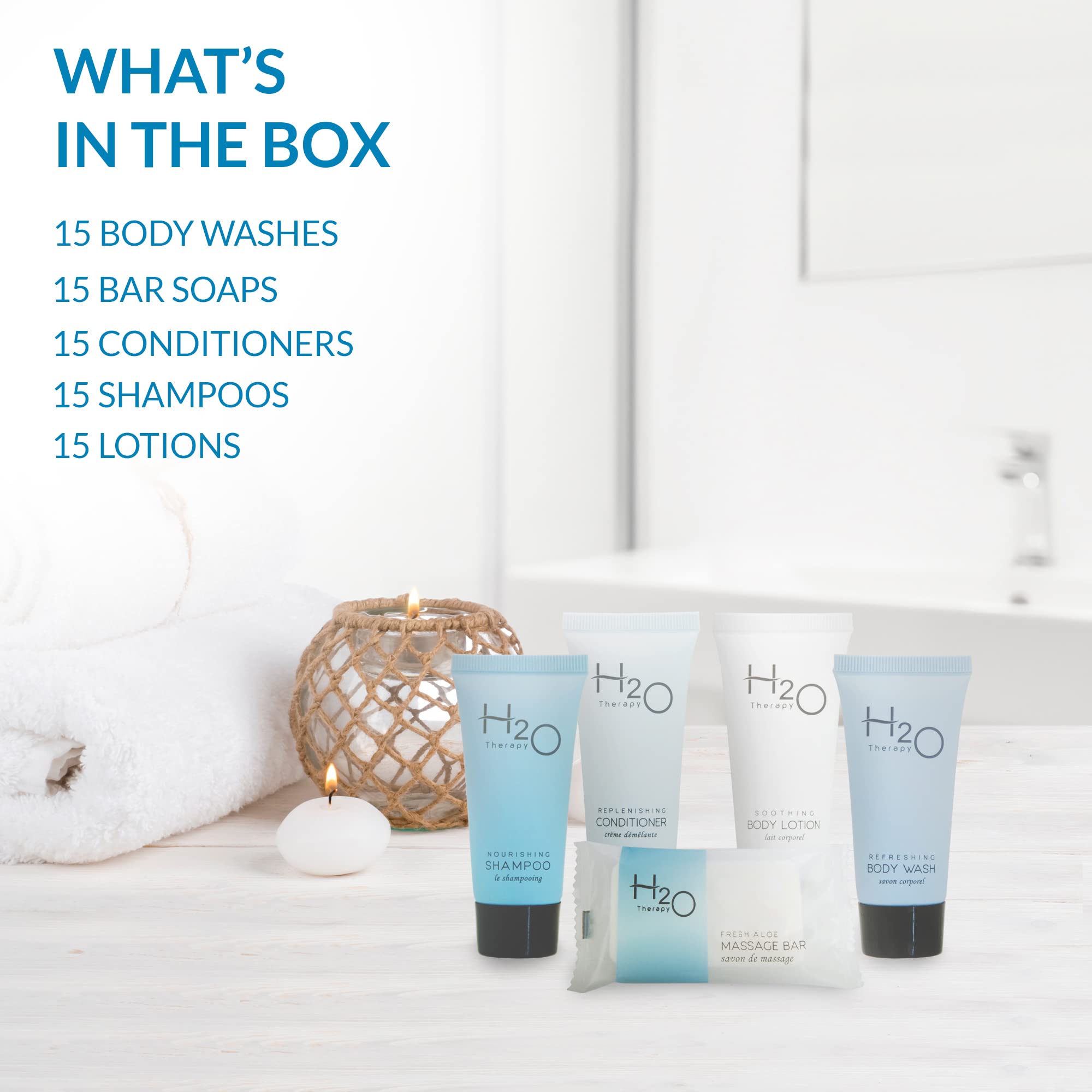 H2O Therapy Hotel Soiletries Bulk Set - 75 Piece Travel Amenities Kit with 0.85oz Shampoo, Conditioner, Body Wash, Lotion & 1oz Bar Soap | Perfect for Hotels, Spas, Travelers & Guest Bathrooms