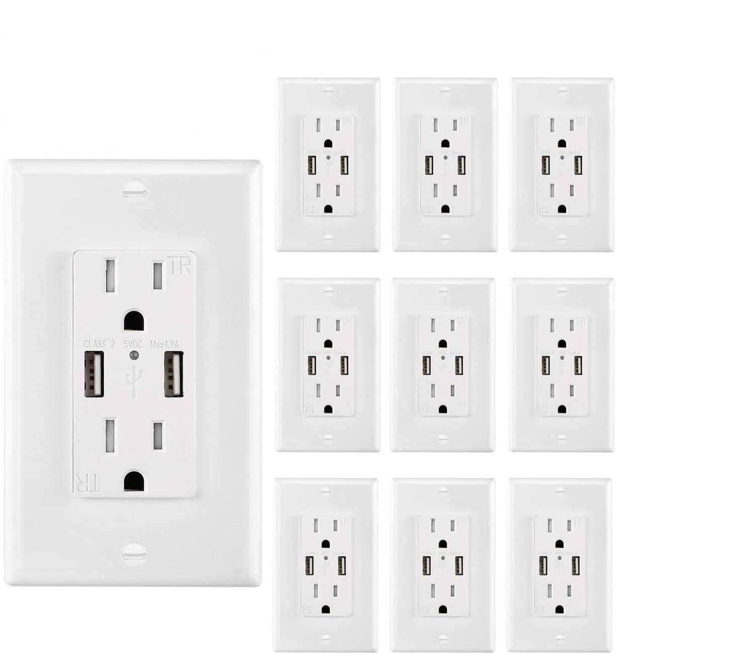 10-Pack High Speed 4.2A USB Outlet Charger Wall Plate - Dual USB Ports, 15A 125V 60Hz Tamper Resistant Electrical Receptacle with Free Faceplate - Perfect for Home, Office & Hotel Room Charging Stations