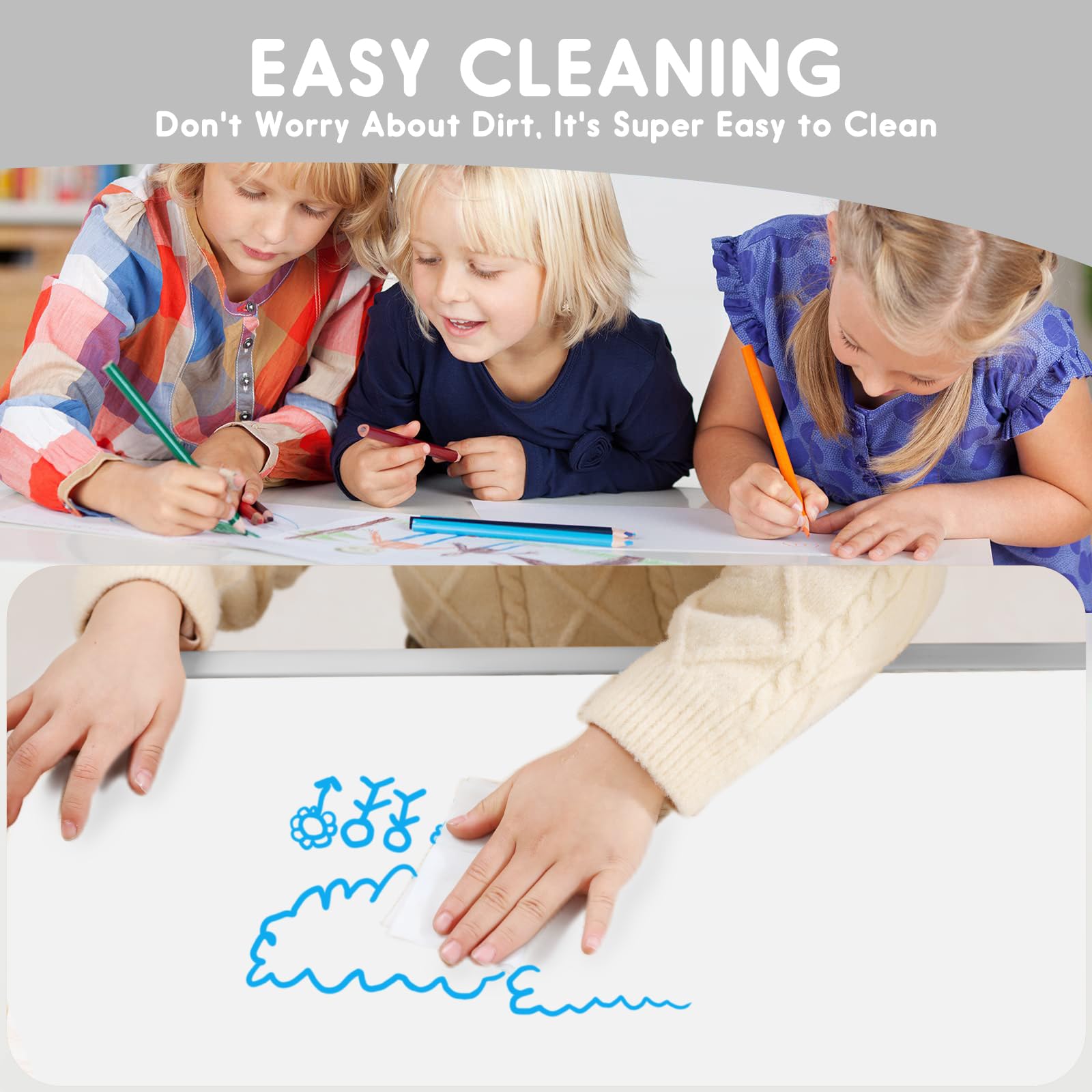 Kids Table and Chair Set - Adjustable Height Snow Grey Plastic Desk with Whiteboard Top & 12 Color Pens (47.2