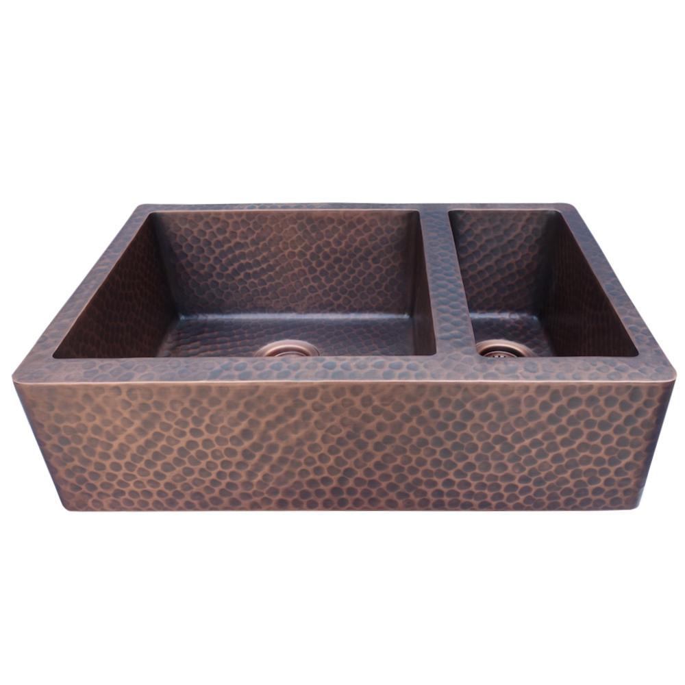 SINDA 70/30 Double Bowl 14 Gauge Farmhouse Apron Copper Kitchen Sink K73A - Durable Copper Farm Sink for Rustic & Modern Kitchens, Perfect for Country Homes & Restaurant Use