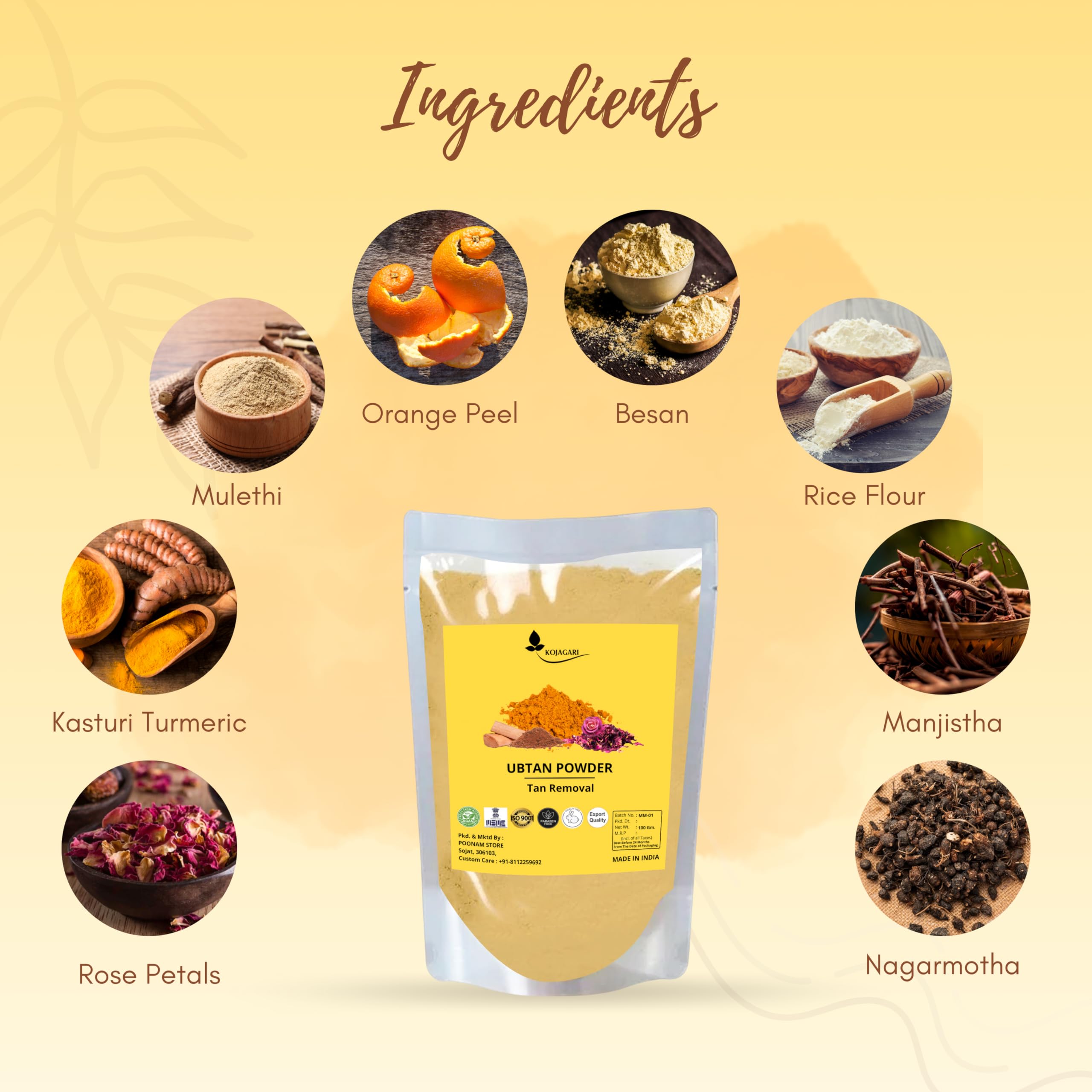 Kojagari Ubtan Powder - Natural Skin Brightening & Tan Removal Face & Body Scrub for All Skin Types | With Sandalwood, Saffron, Rose & Ayurvedic Herbs | 100g | Perfect for Daily Glow & Bridal Skincare Routine