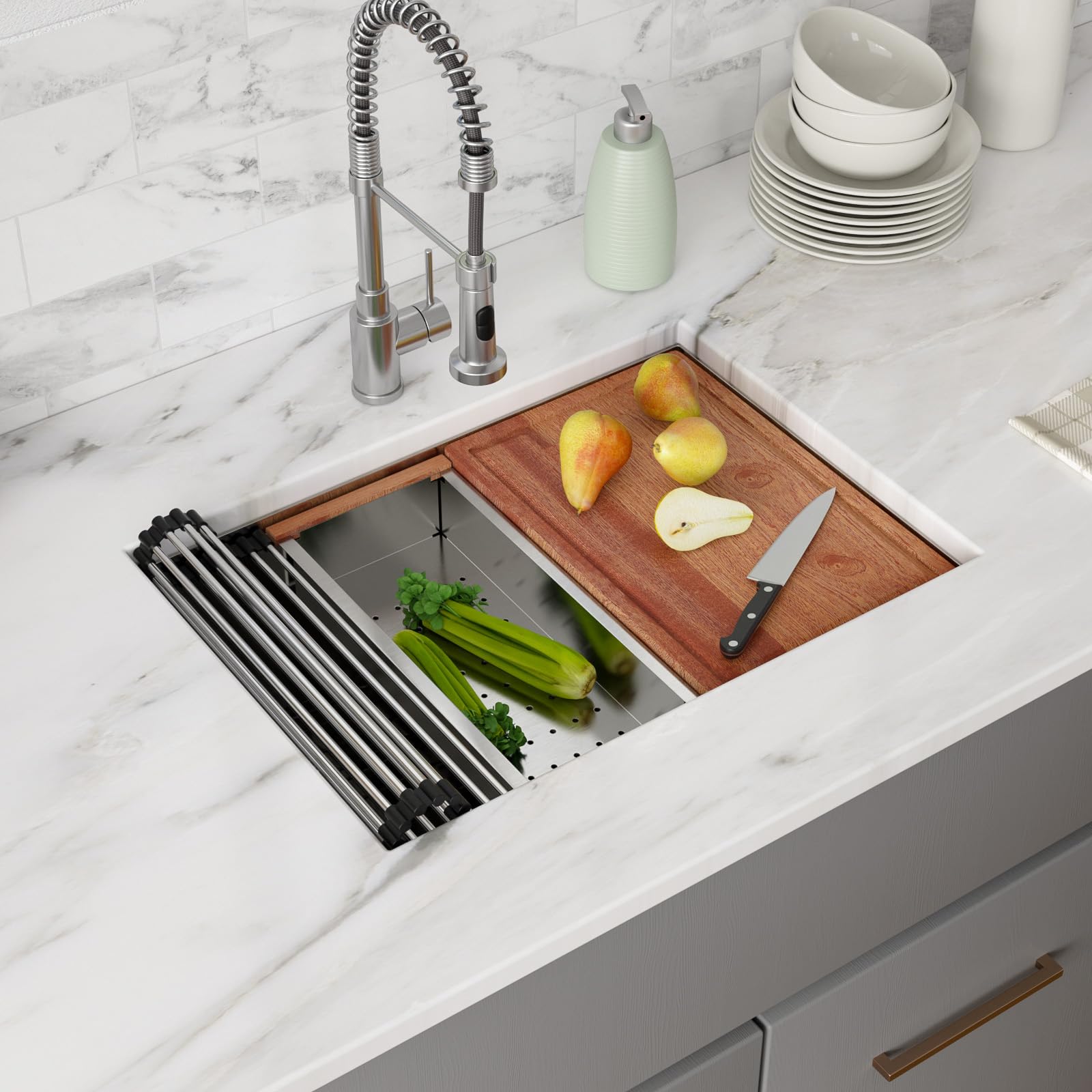 Funmier 27×19 Stainless Steel Undermount Kitchen Sink - Deep Single Bowl Workstation with Cutting Board for Modern Home Kitchens