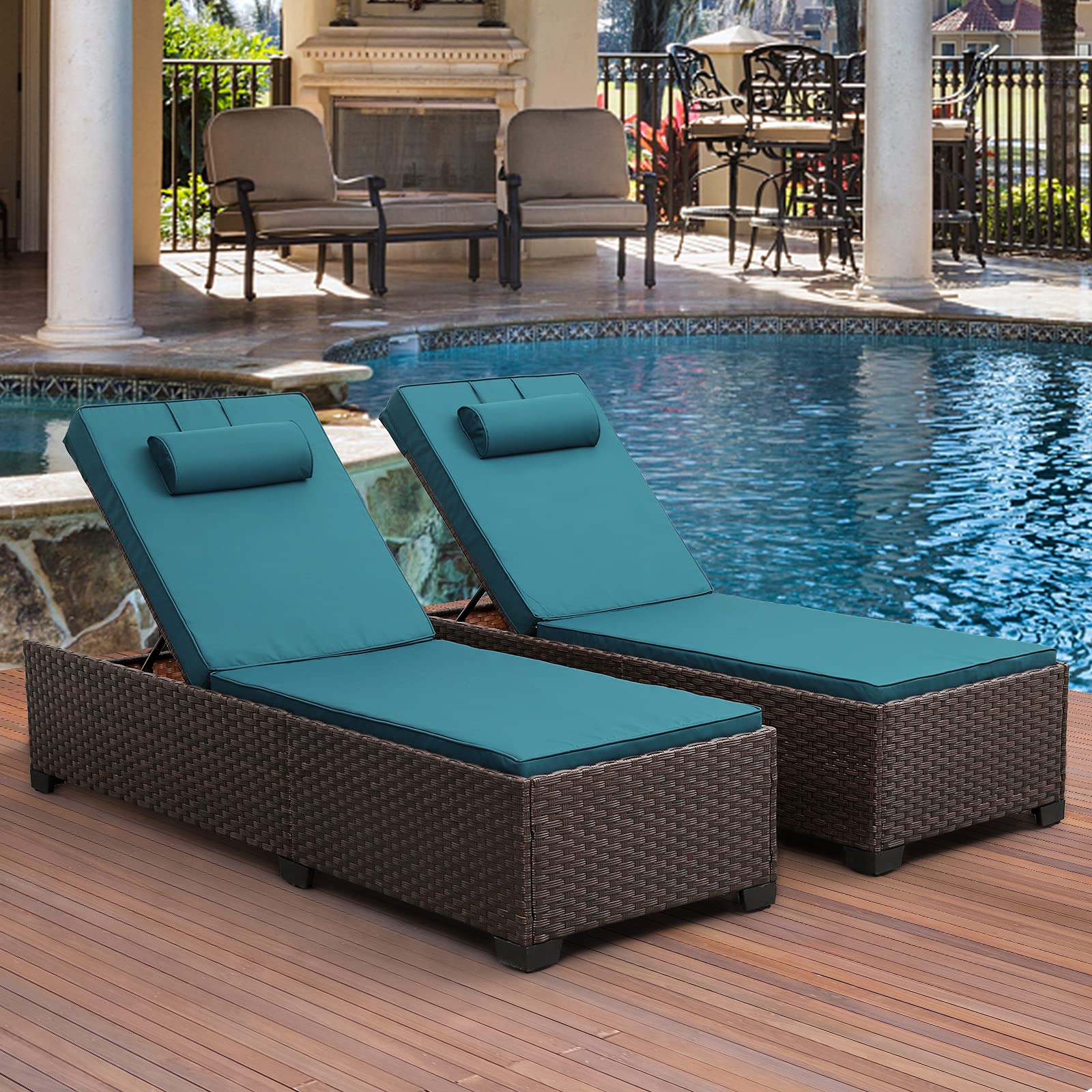 Valita 2-Piece Adjustable Reclining Patio Chaise Lounge Set with Washable Peacock Blue Cushions - PE Rattan Outdoor Furniture for Poolside, Garden, Seaside & Backyard Relaxation