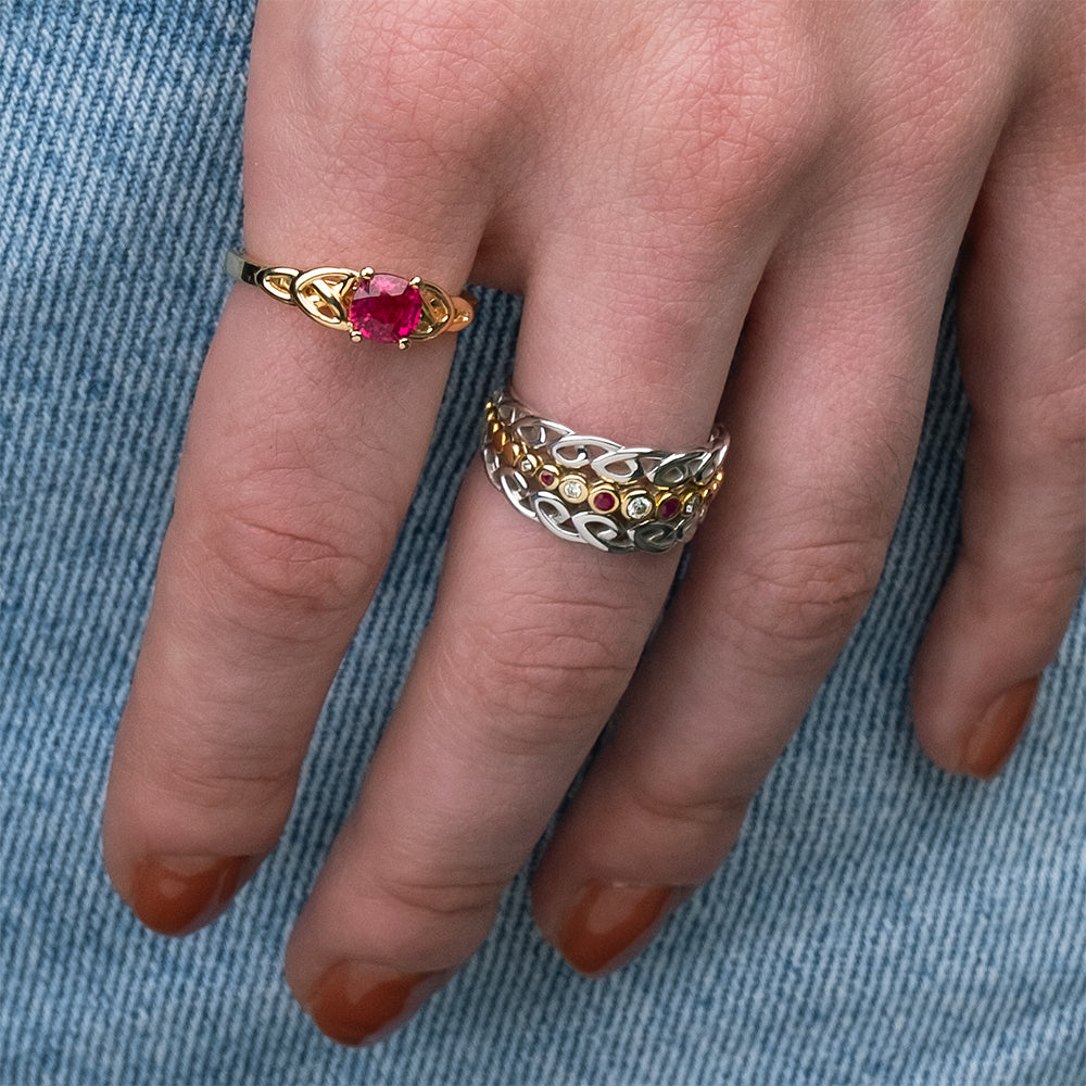 10K White & Yellow Gold Diamond & Ruby Bridge Ring for Women - Elegant Stackable Ring for Wedding, Anniversary & Special Occasions