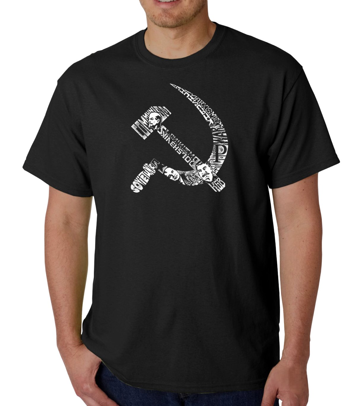 LA POP ART Men's Soviet Hammer and Sickle Word Art Graphic T-Shirt - Vintage Communist Style Cotton Tee for Casual Wear & Political Statement