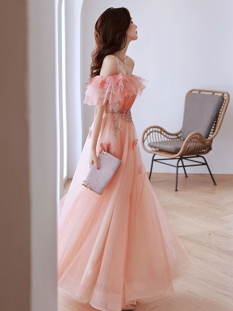Elegant Pink Off Shoulder Tulle Long Prom Dress for Women - Formal Evening Gown for Homecoming, Ball, and Special Occasions