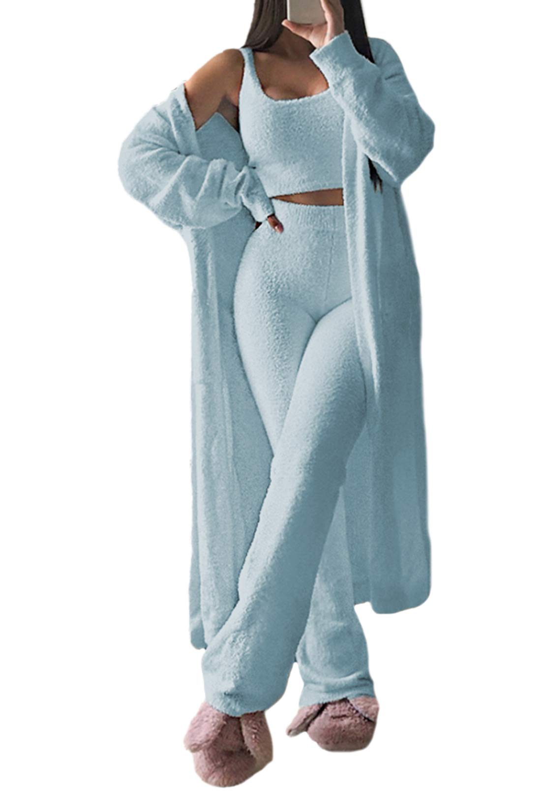 Fixmatti Women's 3 Piece Fuzzy Sweatsuit Set - Soft Open Front Cardigan, Crop Tank Top & Wide Leg Lounge Pants (Light Blue, Medium) | Cozy Loungewear for Home, Yoga & Casual Outfits